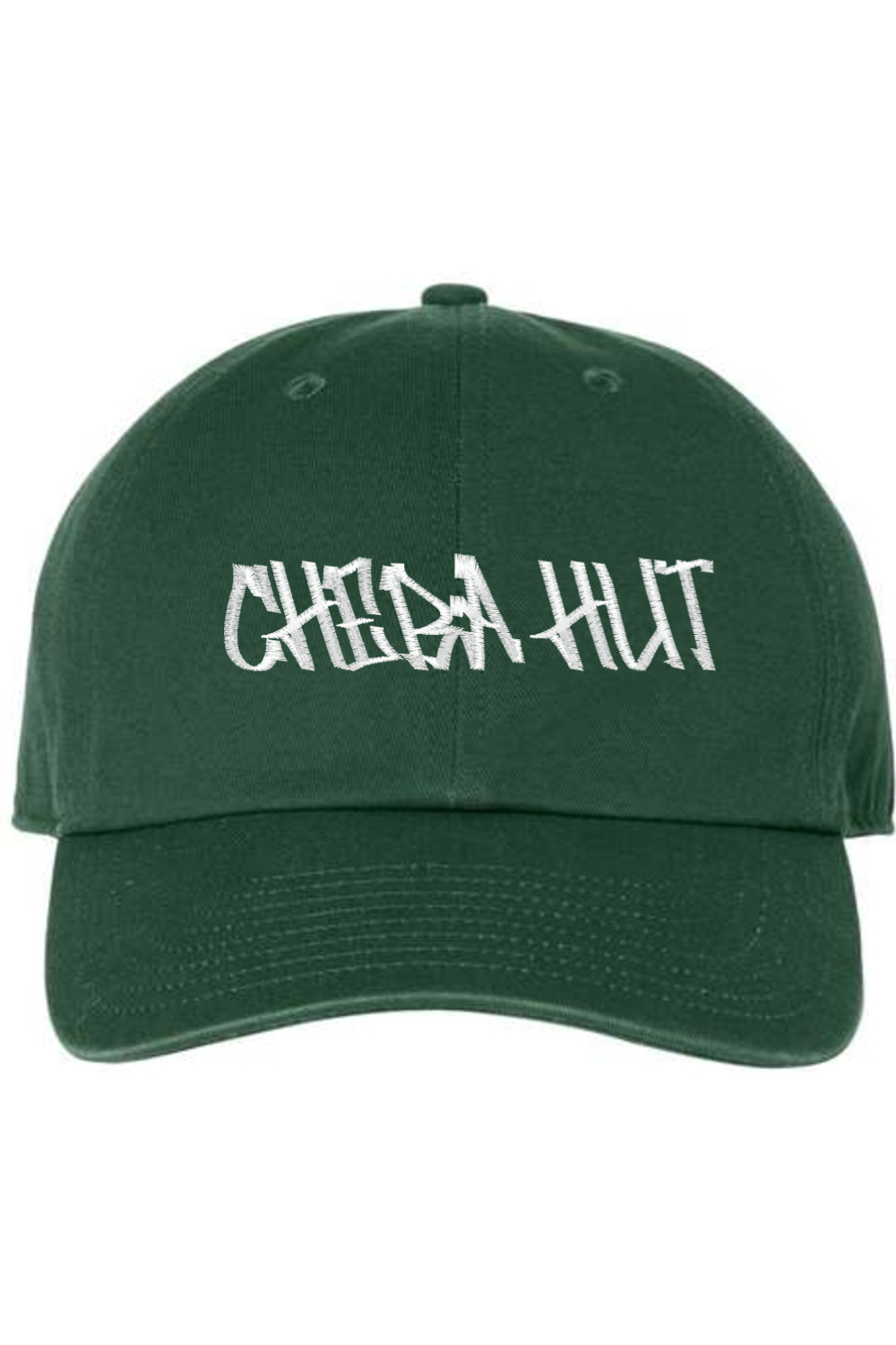 A dark green baseball cap with a curved brim. The front of the cap features the white stylized text 'CHEBA HUT' embroidered across the center. The cap has a visible button on the top and an adjustable strap in the back (not visible).