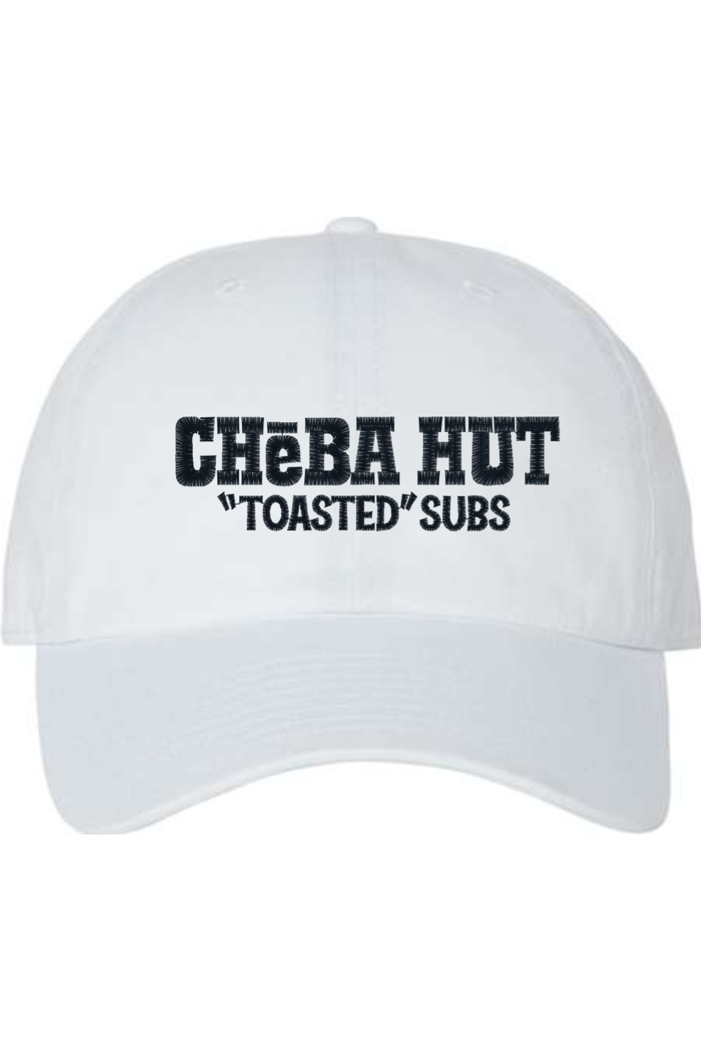 A white baseball cap with a curved brim. The front of the cap features the black stylized text 'CHEBA HUT "TOASTED" SUBS' embroidered across the center. The cap has a visible button on the top and an adjustable strap in the back (not visible).