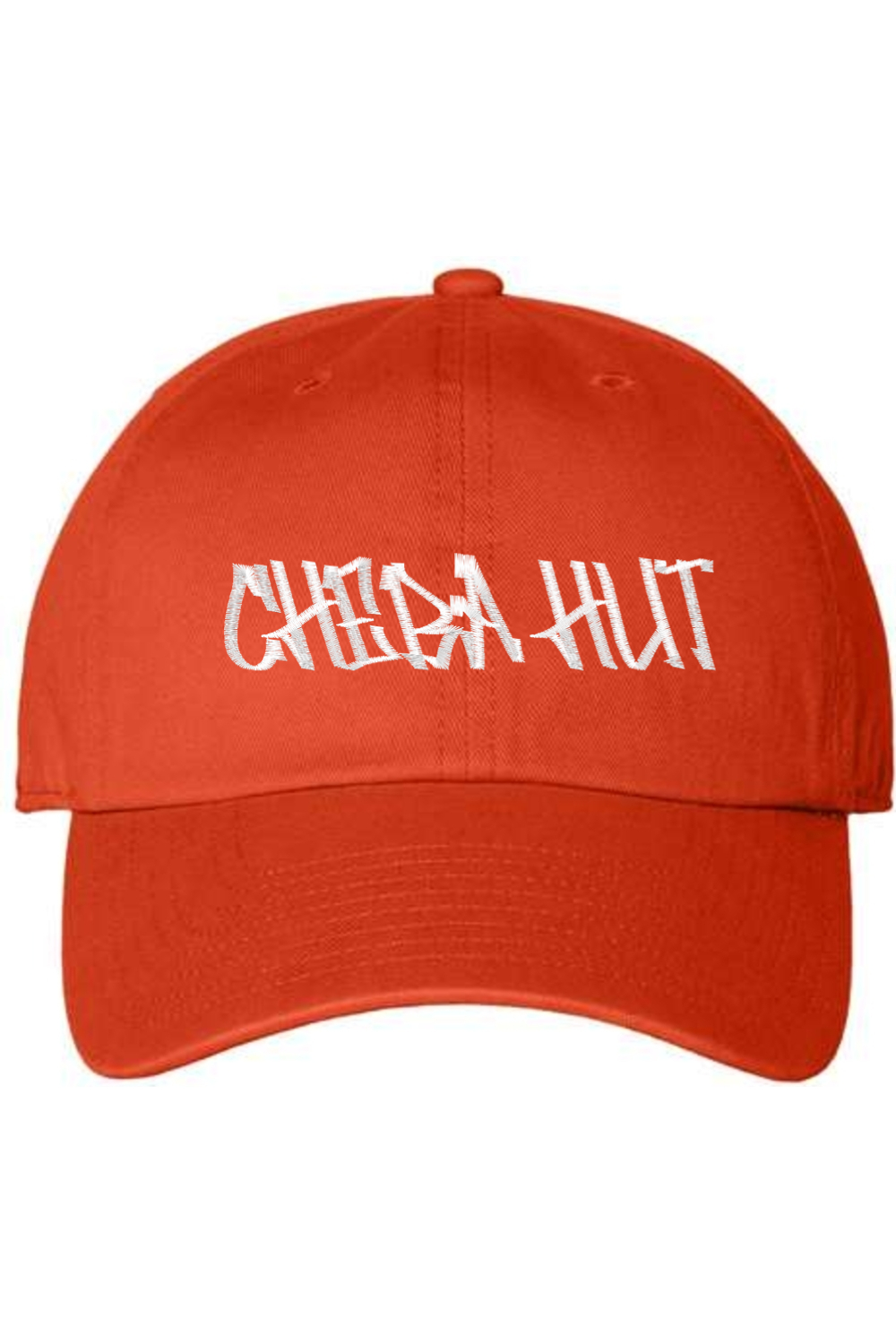 An orange baseball cap with a curved brim. The front of the cap features the white stylized text 'CHEBA HUT' embroidered across the center. The cap has a visible button on the top and an adjustable strap in the back (not visible).