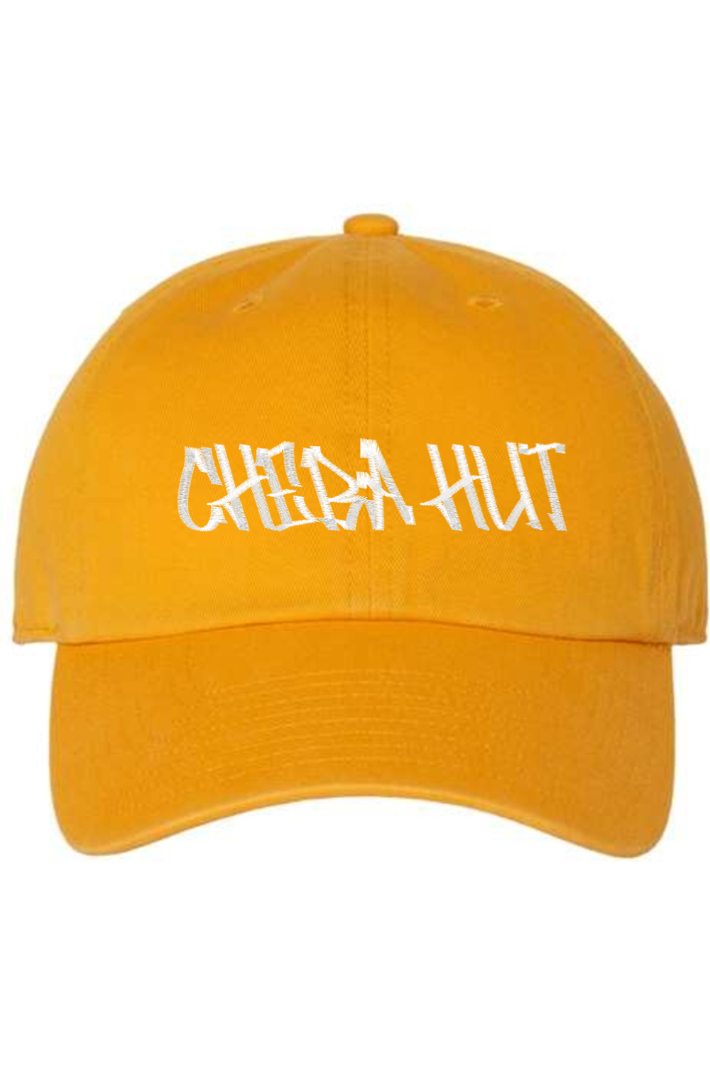 A gold baseball cap with a curved brim. The front of the cap features the white stylized text 'CHEBA HUT' embroidered across the center. The cap has a visible button on the top and an adjustable strap in the back (not visible).