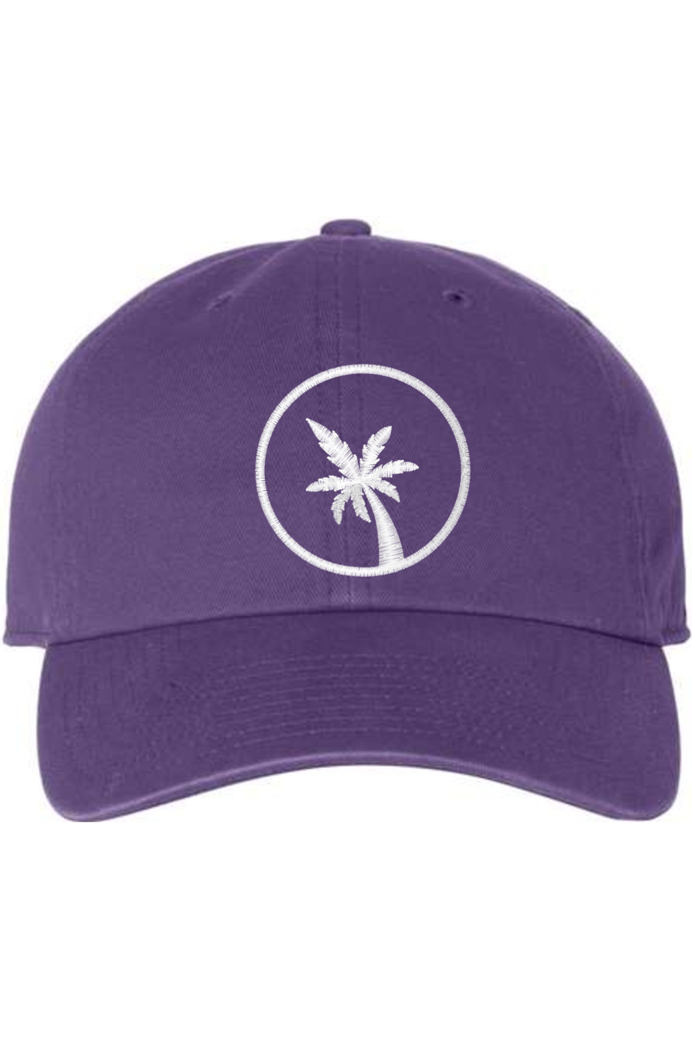 A purple baseball cap with a curved brim. The front of the hat features an embroidered seven frond Palm Tree in white thread. The cap has a visible button on the top and an adjustable strap in the back (not visible).