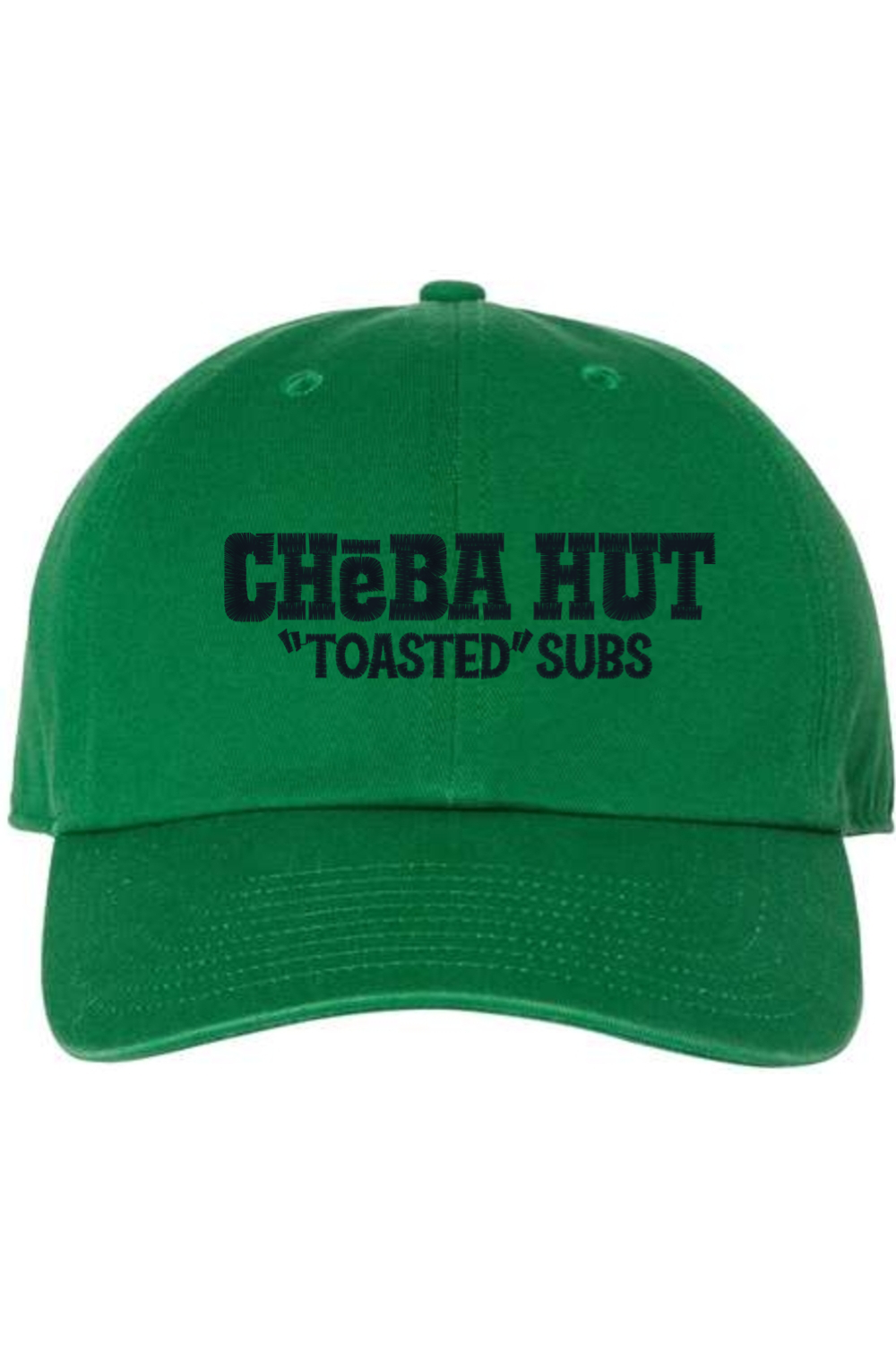 A Kelly green baseball cap with a curved brim. The front of the cap features the black stylized text 'CHEBA HUT "TOASTED" SUBS' embroidered across the center. The cap has a visible button on the top and an adjustable strap in the back (not visible).