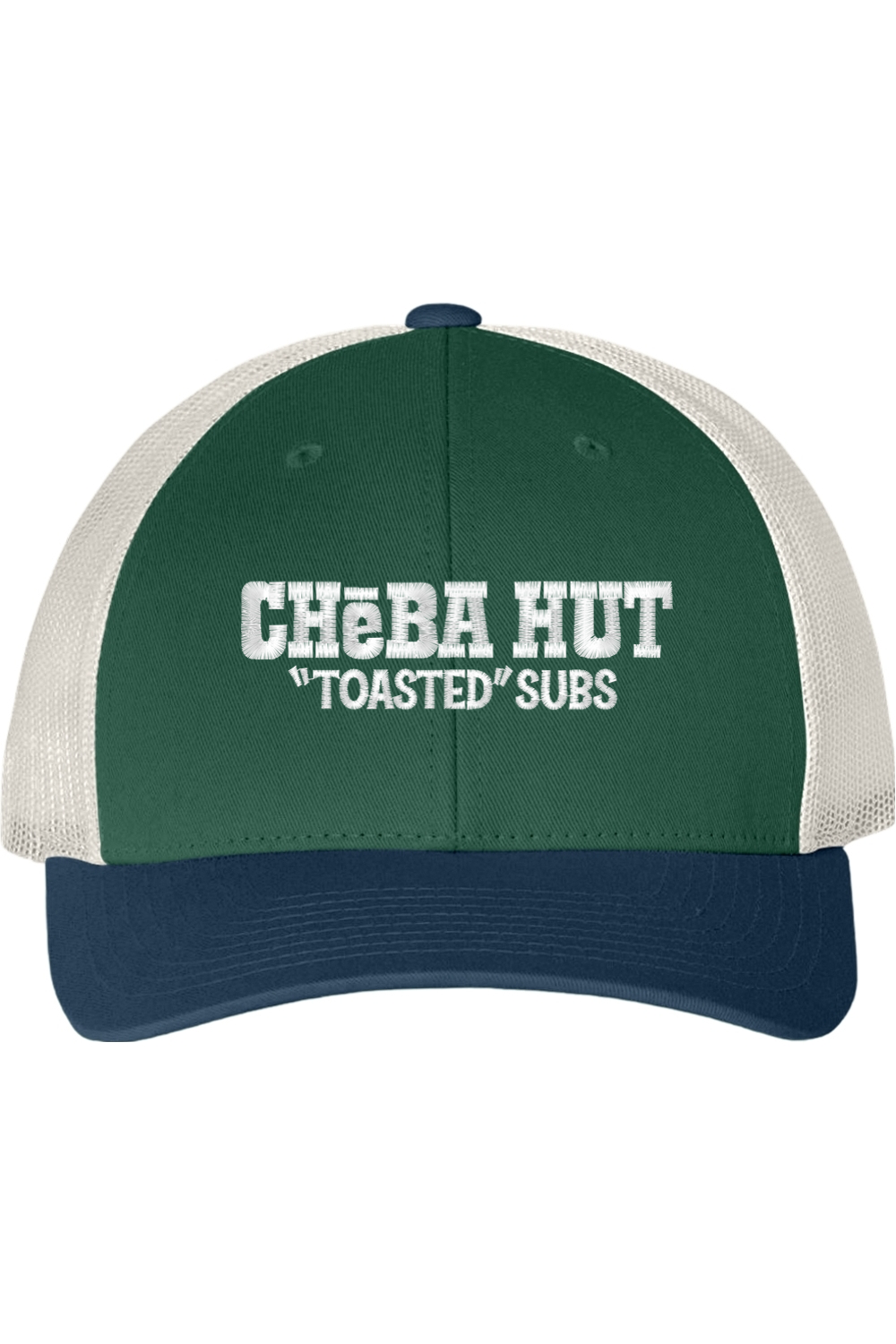 Green and white cap with 'Cheba Hut' text on a white background