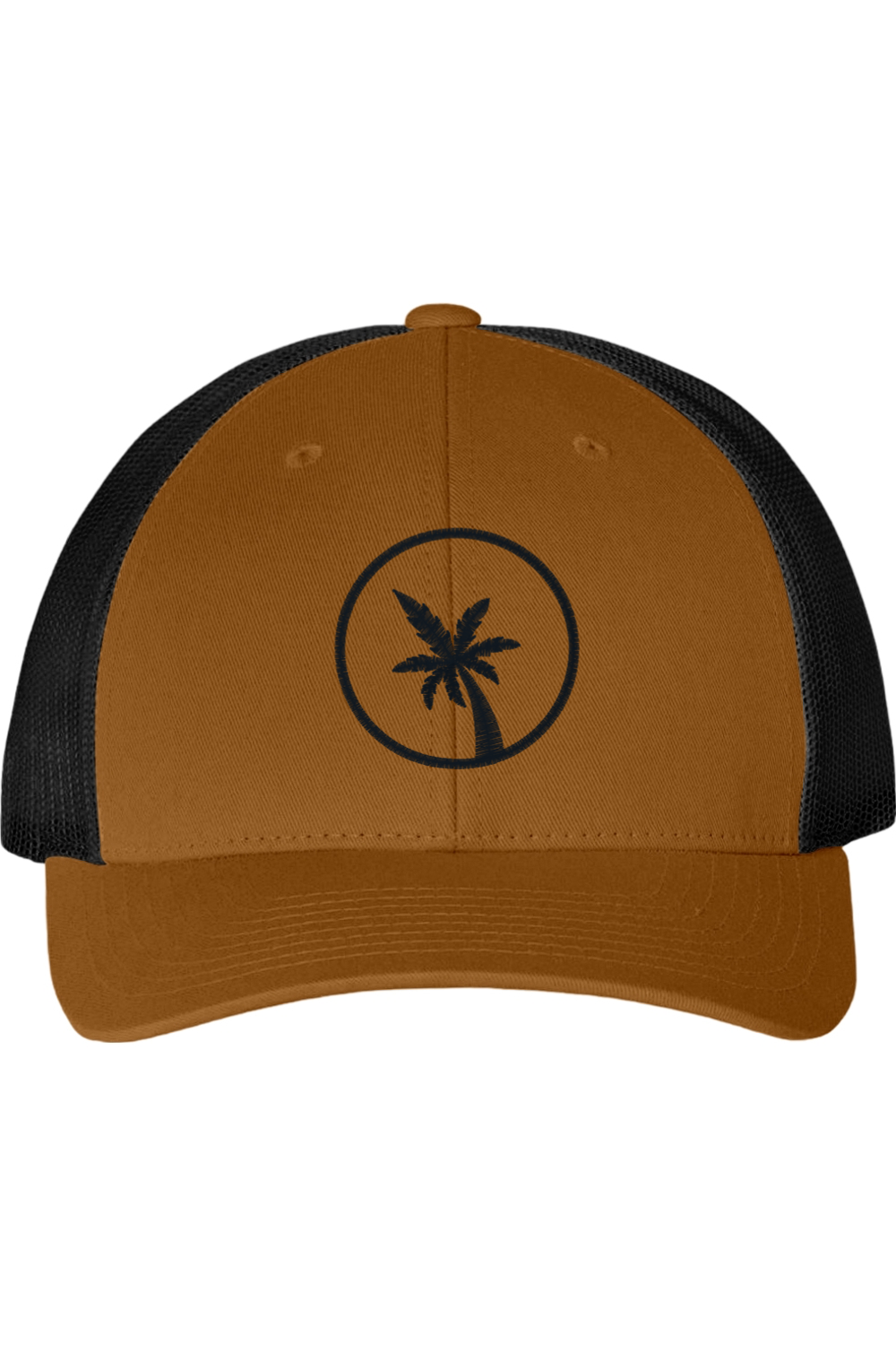 Brown and black cap with palm tree design on a white background