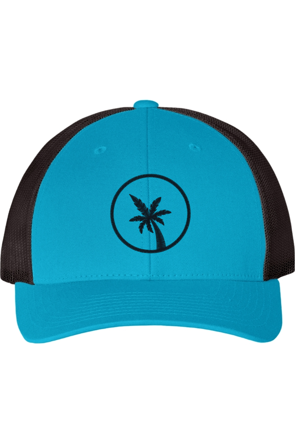 Blue and black cap with palm tree design on a white background