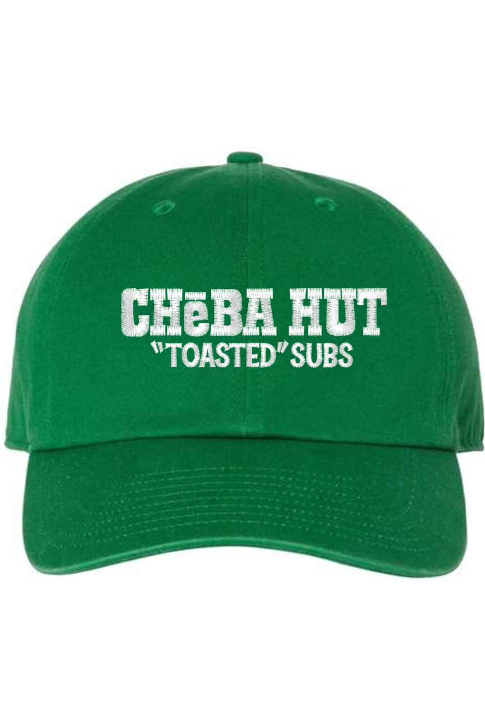 A kelly green baseball cap with a curved brim. The front of the cap features the white stylized text 'CHEBA HUT "TOASTED" SUBS' embroidered across the center. The cap has a visible button on the top and an adjustable strap in the back (not visible).