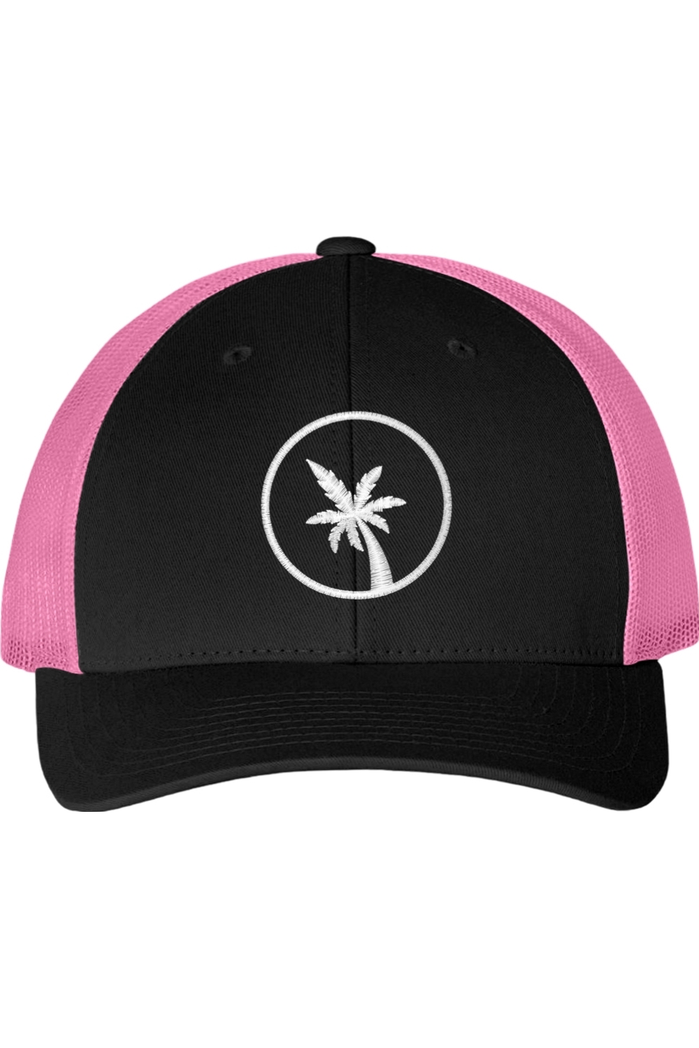 Black and pink cap with a palm tree design on a white background