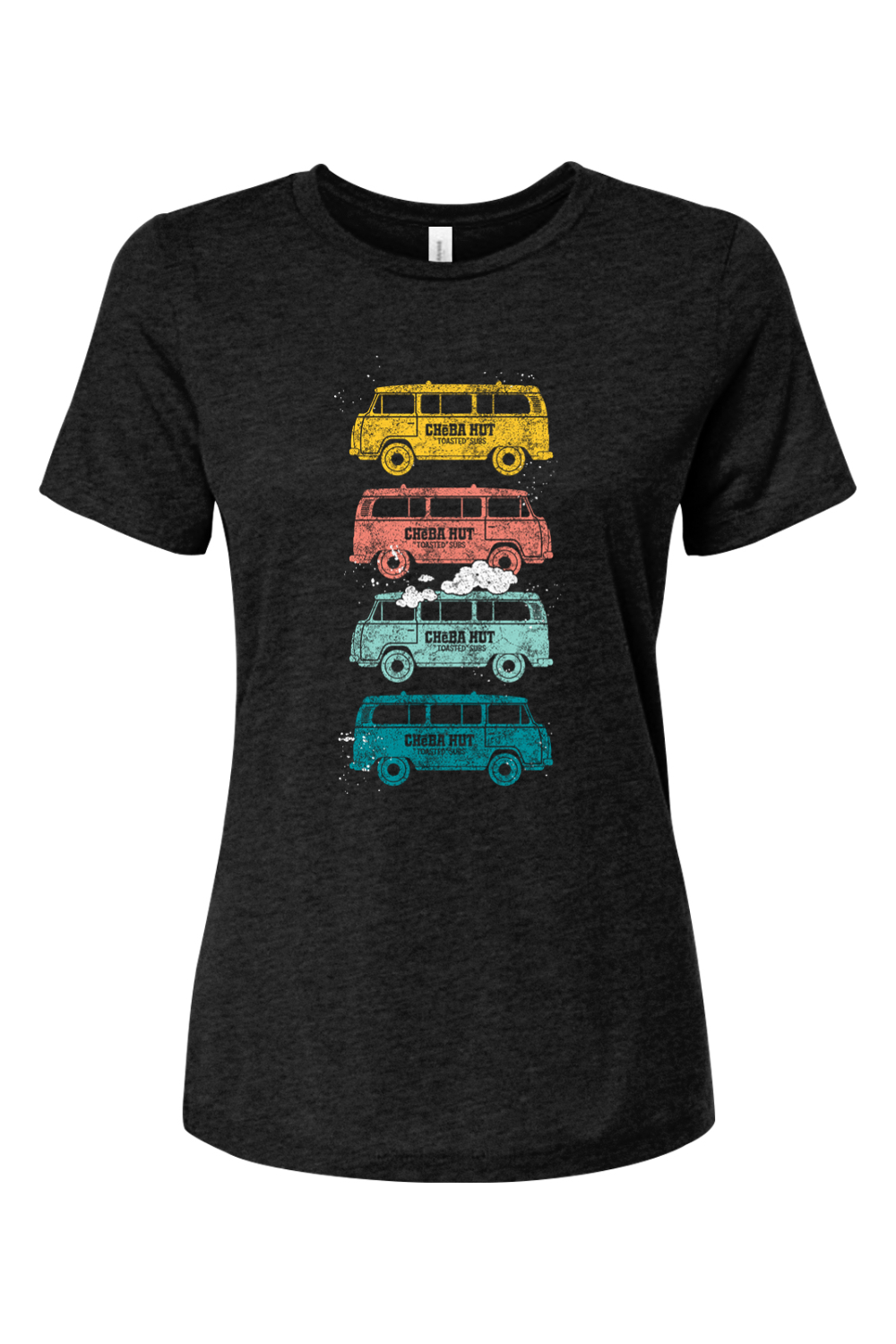 A black ladies tee shirt displaying four vertically stacked, vintage-style vans in yellow, coral, light blue, and teal. Each van has the Cheba Hut logo and 'Toasted Subs' text printed on its side.