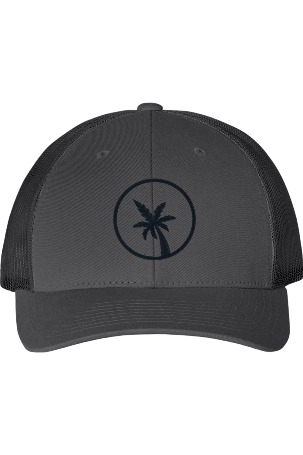 Black cap with palm tree design on a white background