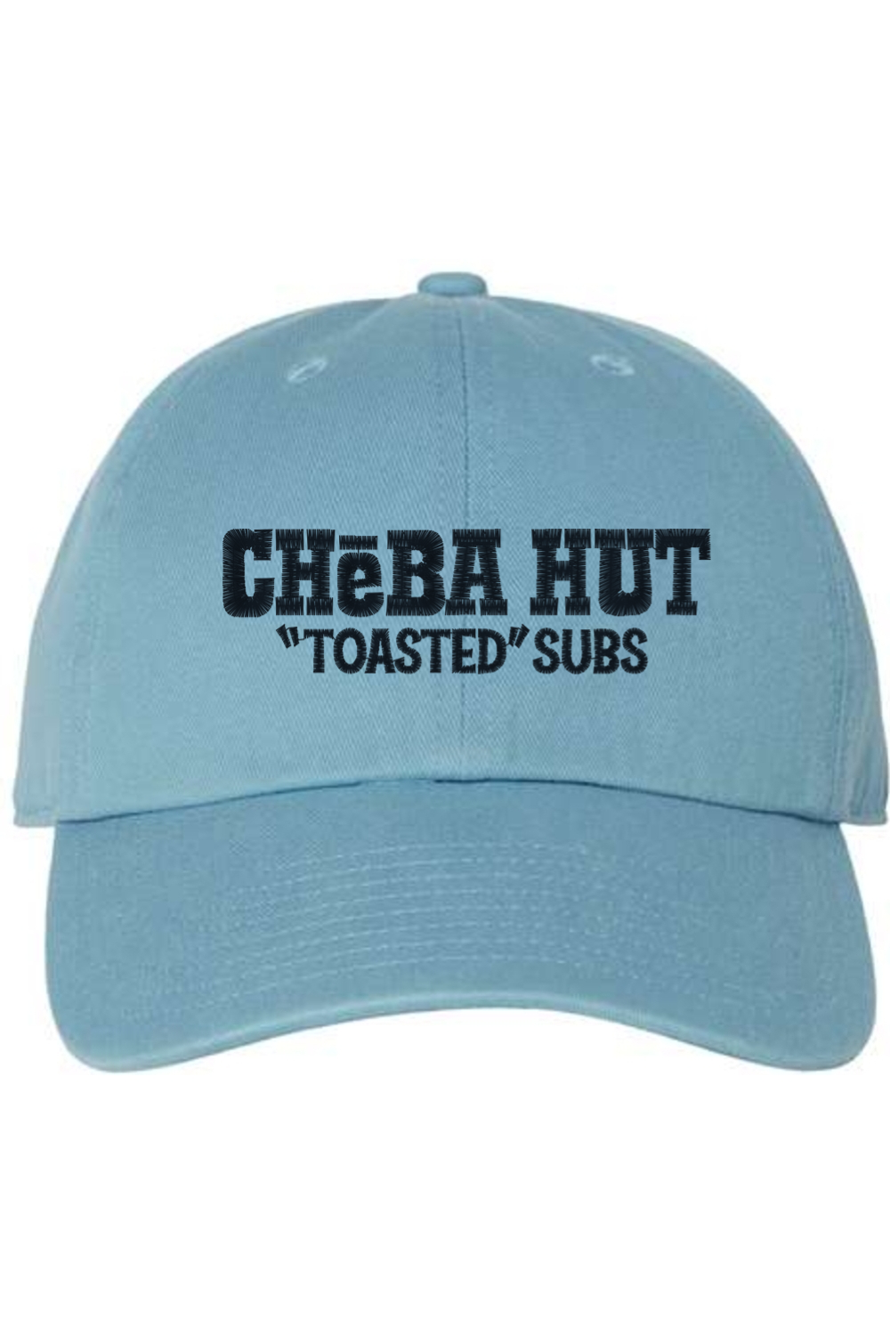A light blue baseball cap with a curved brim. The front of the cap features the black stylized text 'CHEBA HUT "TOASTED" SUBS' embroidered across the center. The cap has a visible button on the top and an adjustable strap in the back (not visible).