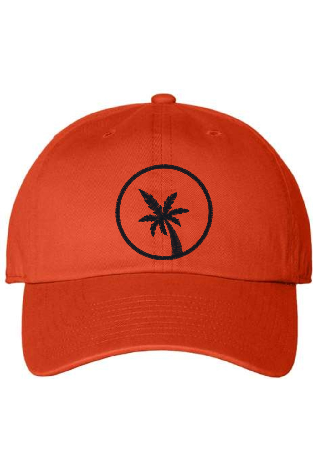 A orange baseball cap with a curved brim. The front of the hat features an embroidered seven frond Palm Tree in black thread. The cap has a visible button on the top and an adjustable strap in the back (not visible).