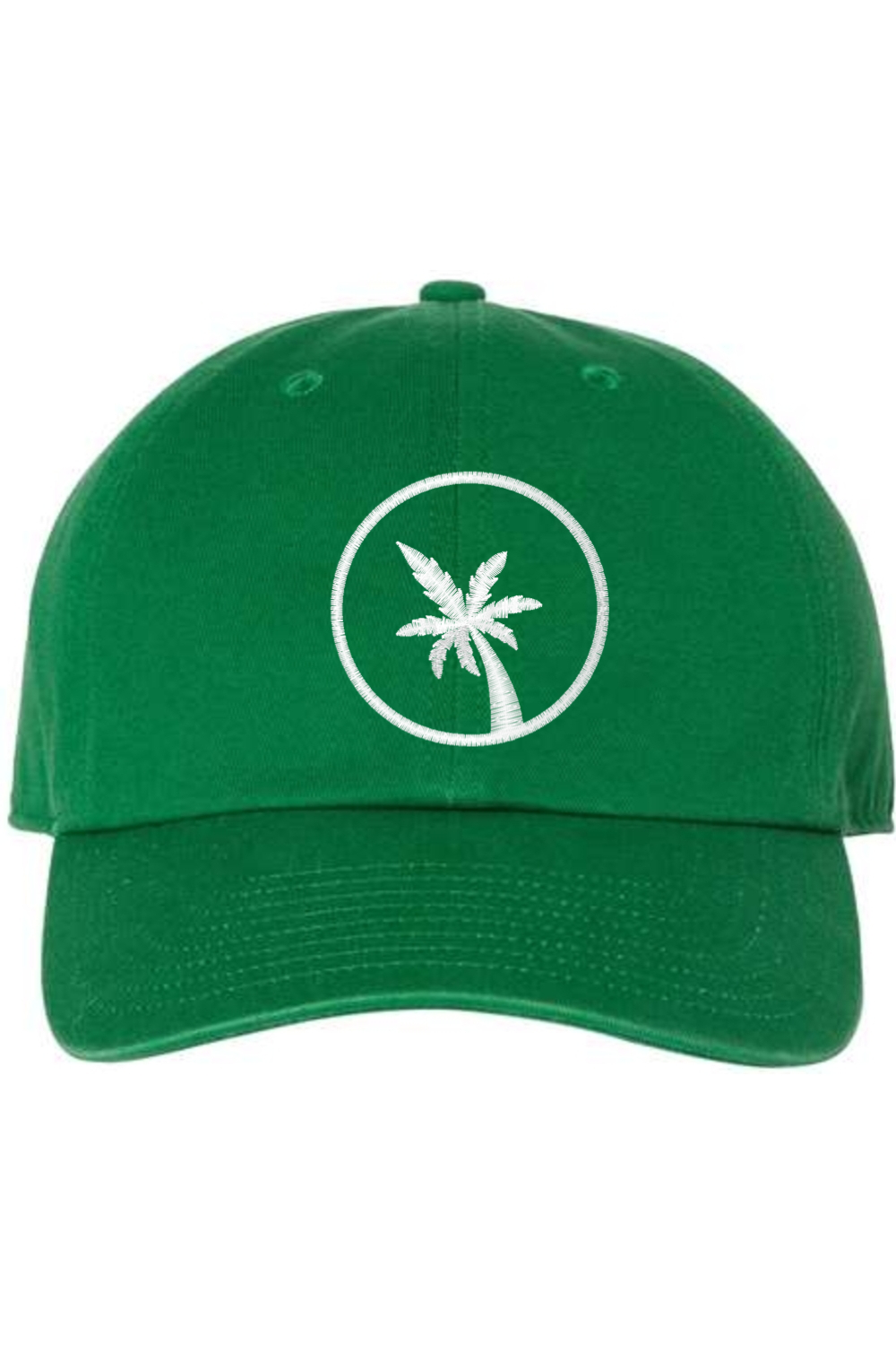 A Kelly green baseball cap with a curved brim. The front of the hat features an embroidered seven frond Palm Tree in white thread. The cap has a visible button on the top and an adjustable strap in the back (not visible).