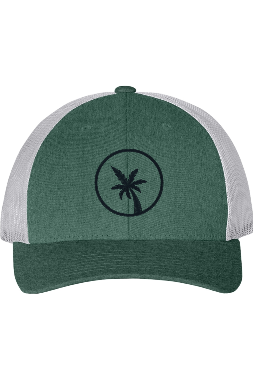Green and white cap with a palm tree design on a white background
