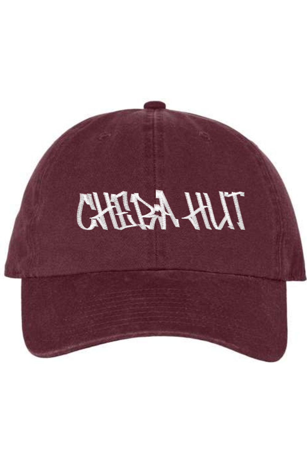 A maroon baseball cap with a curved brim. The front of the cap features the white stylized text 'CHEBA HUT' embroidered across the center. The cap has a visible button on the top and an adjustable strap in the back (not visible).