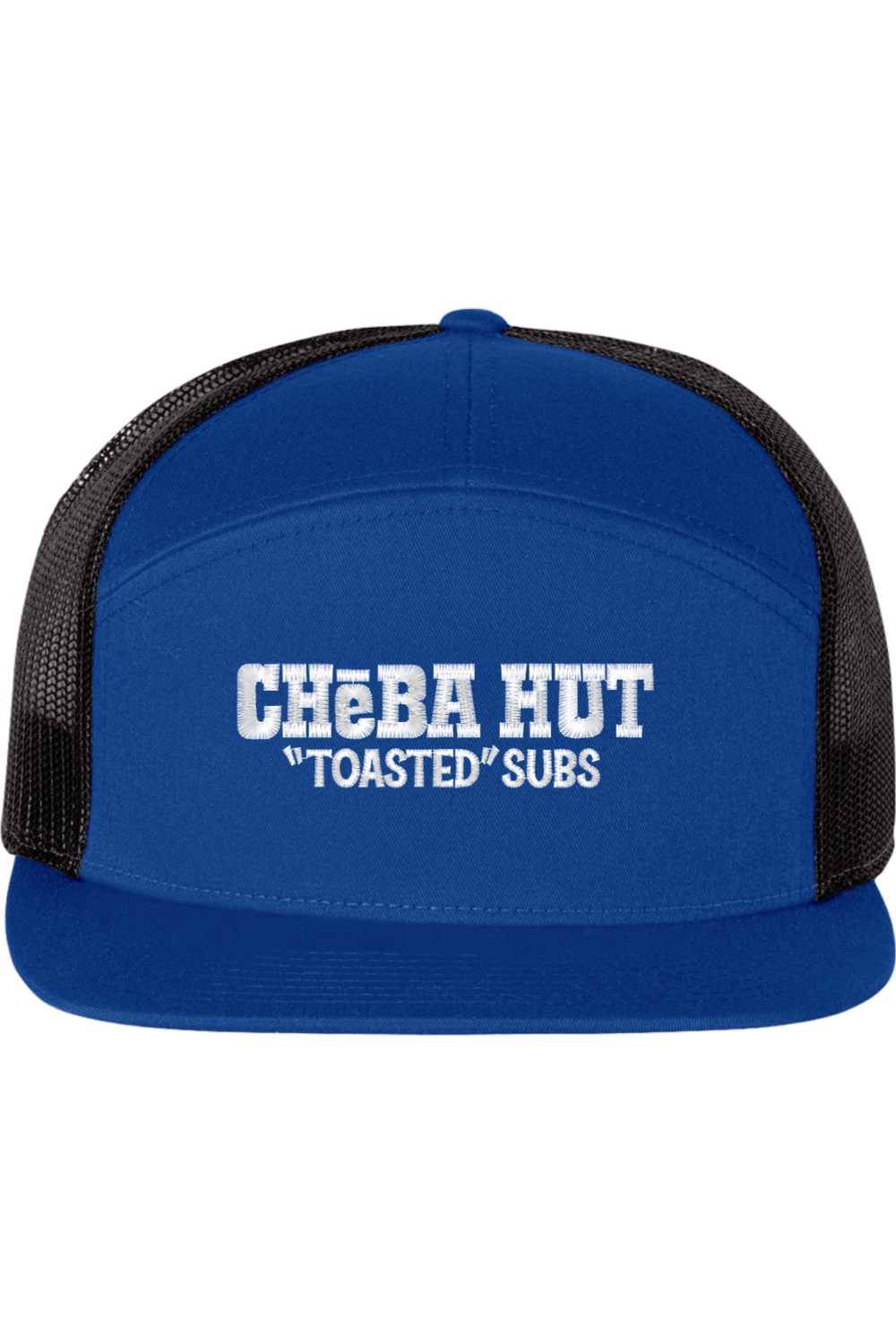 A seven -panel trucker hat with a solid blue front panel and brim. The back two panels are black mesh. The front of the hat features the white stylized text 'CHEBA HUT "TOASTED" SUBS'. The hat has a slightly curved brim and a visible button on the top.