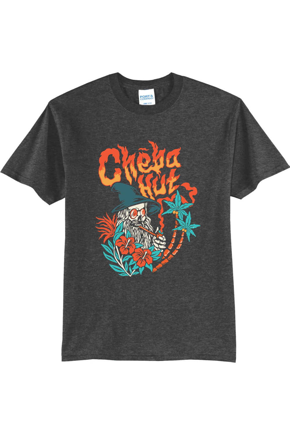A charcoal short-sleeved t-shirt featuring a colorful graphic on the back depicting a wizard-like figure with a long white beard, a pointed hat, sunglasses, and a pipe, surrounded by flames, hibiscus flowers, and palm trees, with the 'Cheba Hut' logo above.