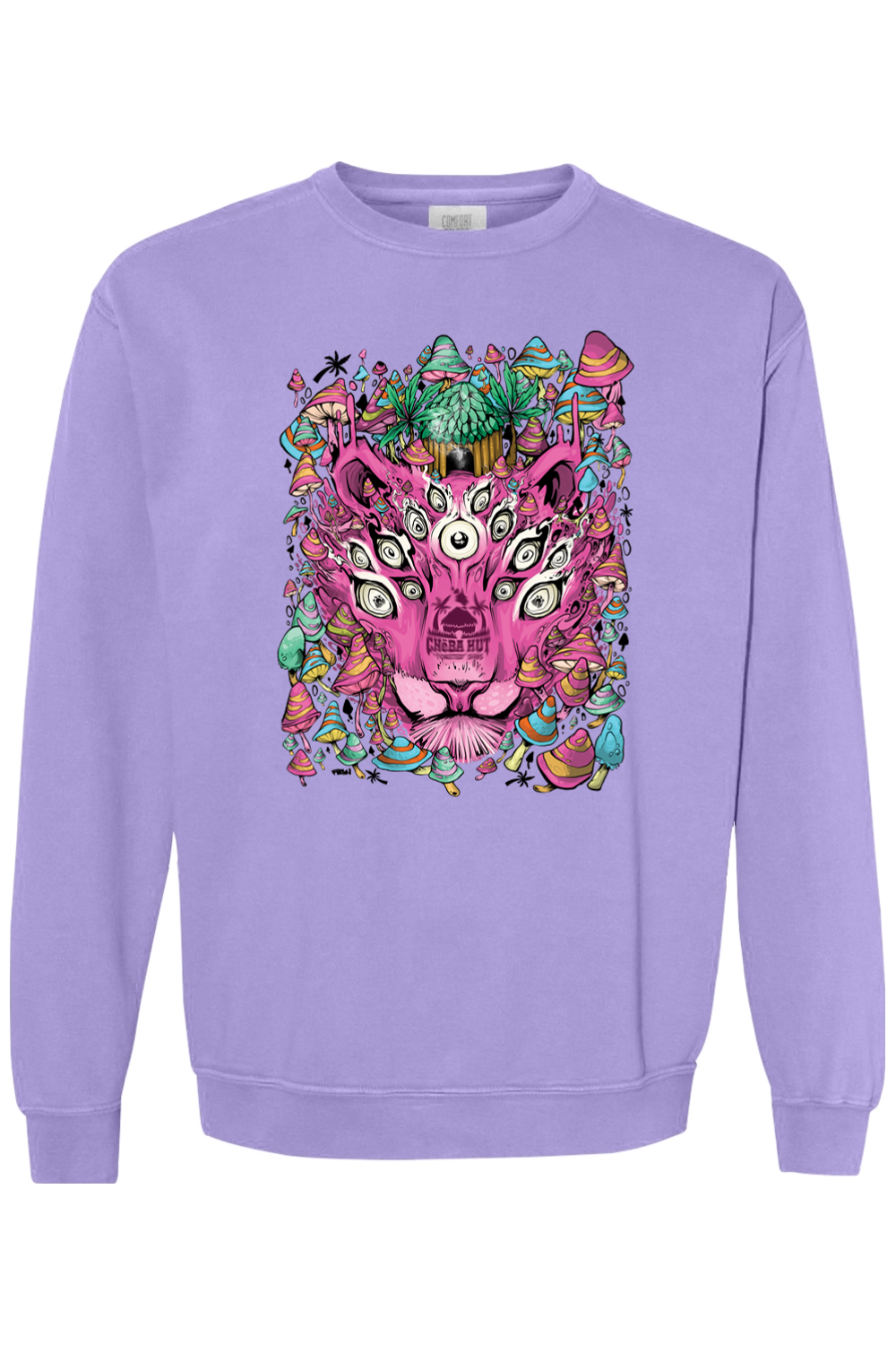 A purple sweatshirt with a psychedelic graphic of a multi-eyed pink panther head surrounded by colorful mushrooms.