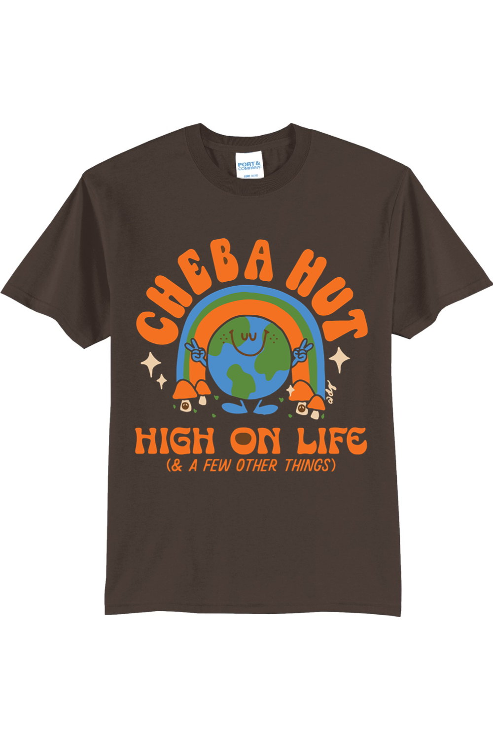 A brown short-sleeved t-shirt featuring a retro-style graphic with a smiling Earth under a rainbow, palm trees, and the text 'CHEBA HUT' and 'HIGH ON LIFE (& A FEW OTHER THINGS)'.