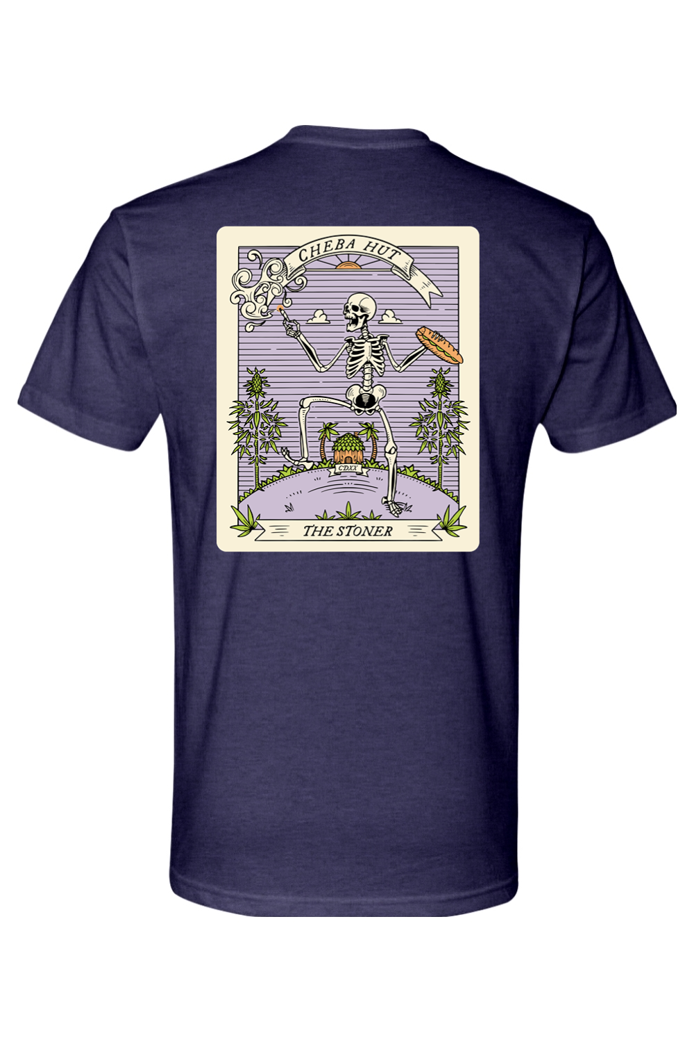 A dark purple short-sleeved t-shirt featuring a rectangular graphic on the back depicting a skeleton holding a smoking item and a sandwich, with 'CHEBA HUT' and 'THE STONER' text.