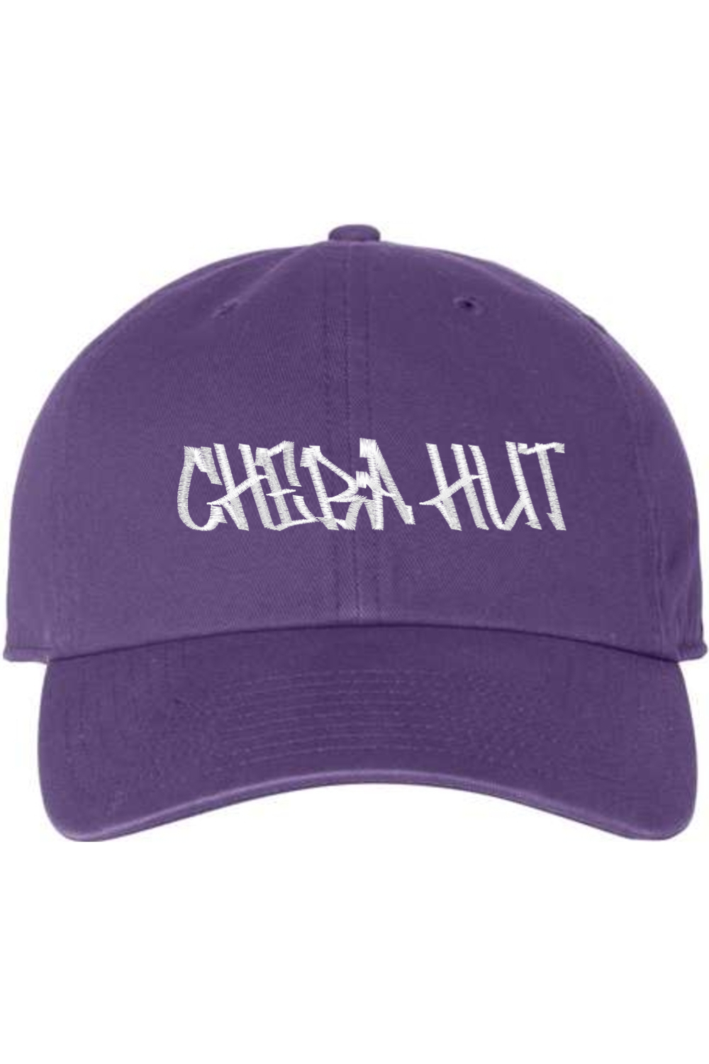 A purple baseball cap with a curved brim. The front of the cap features the white stylized text 'CHEBA HUT' embroidered across the center. The cap has a visible button on the top and an adjustable strap in the back (not visible).