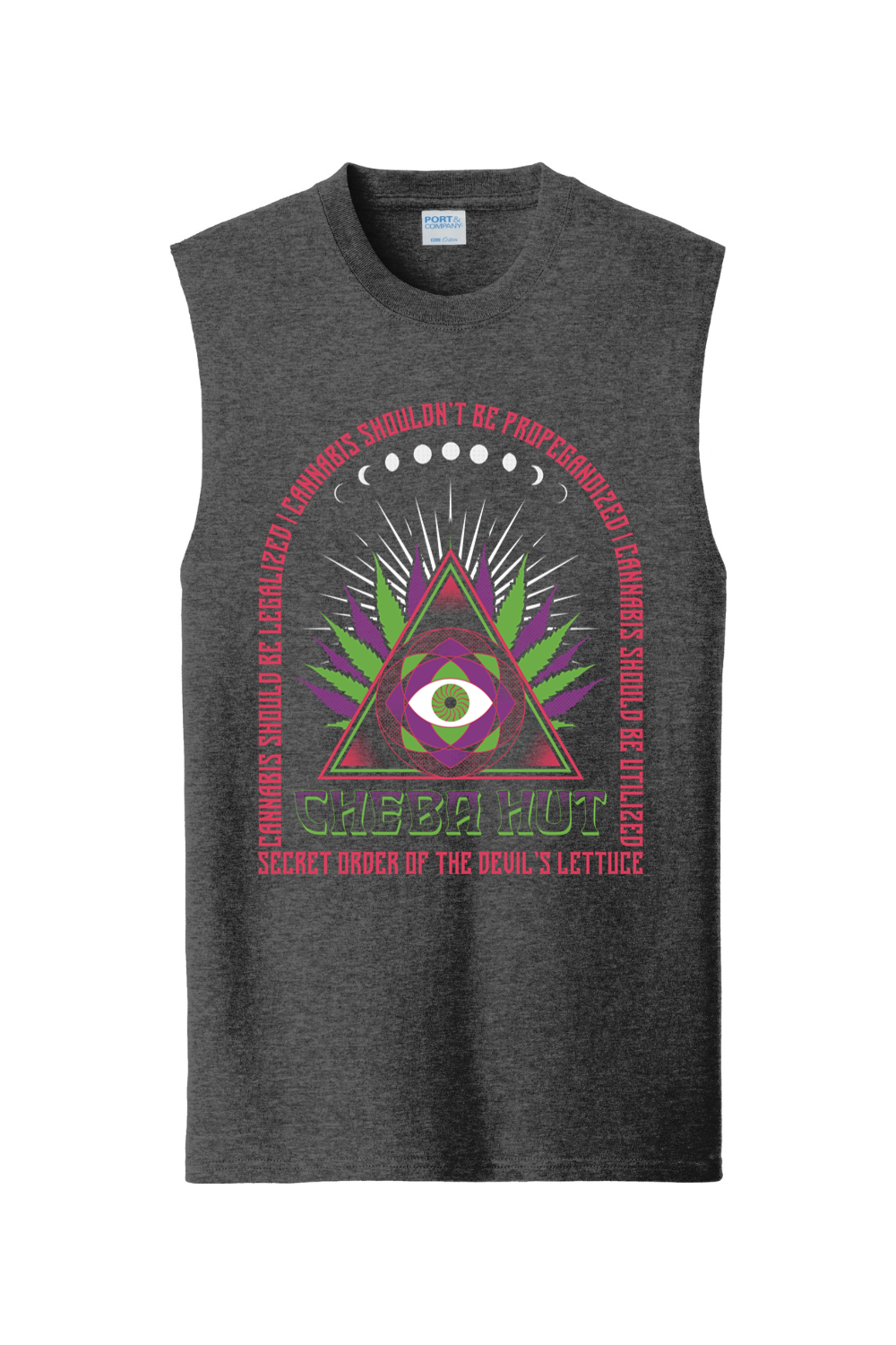 Gray sleeveless shirt with a colorful all seeing eye graphic design on a white background