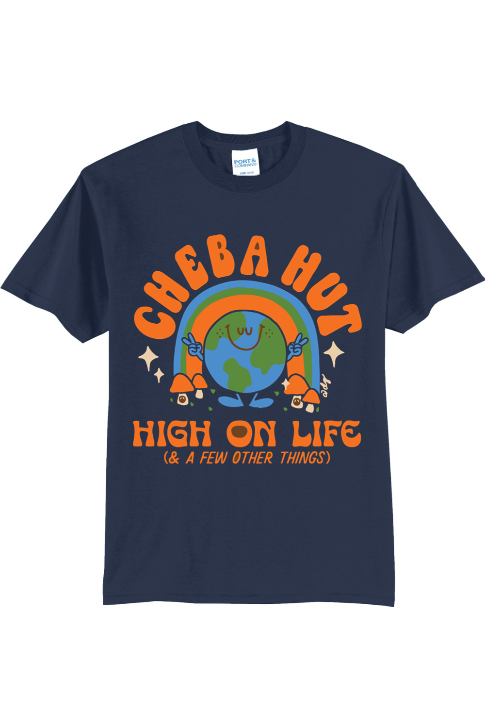 A navy short-sleeved t-shirt featuring a retro-style graphic with a smiling Earth under a rainbow, palm trees, and the text 'CHEBA HUT' and 'HIGH ON LIFE (& A FEW OTHER THINGS)'.
