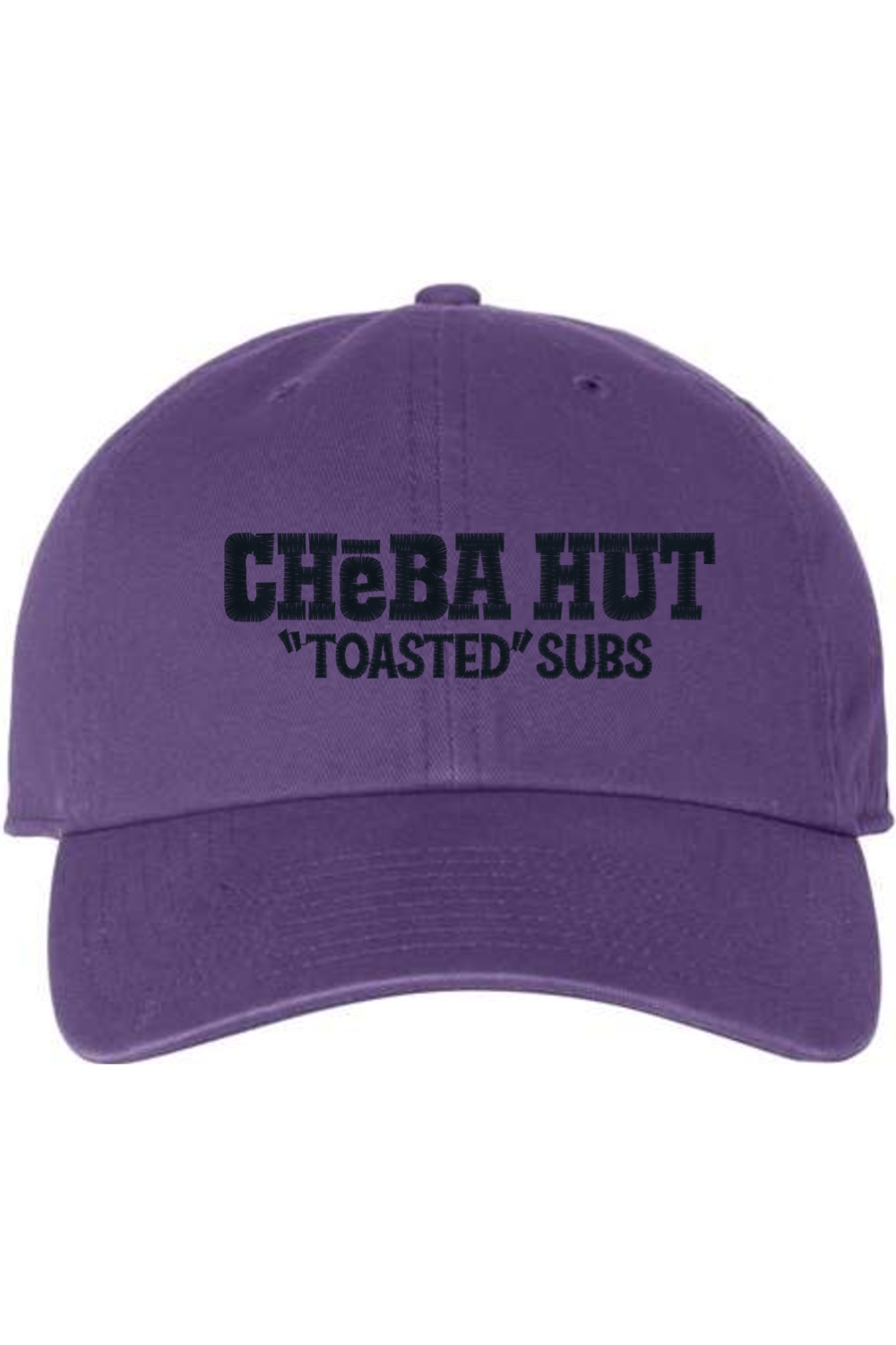 A purple baseball cap with a curved brim. The front of the cap features the black stylized text 'CHEBA HUT "TOASTED" SUBS' embroidered across the center. The cap has a visible button on the top and an adjustable strap in the back (not visible).
