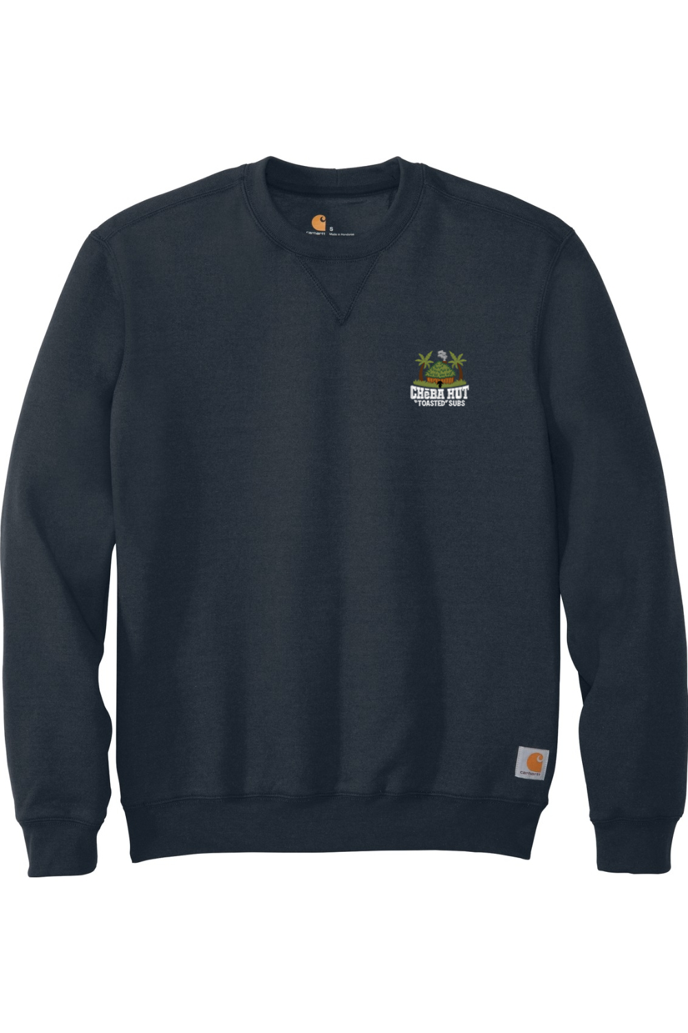 Front view of a navy crewneck sweatshirt laid flat. A small, embroidered logo for "Cheba Hut Toasted Subs," featuring a tiki hut and palm trees, is on the upper left chest.
