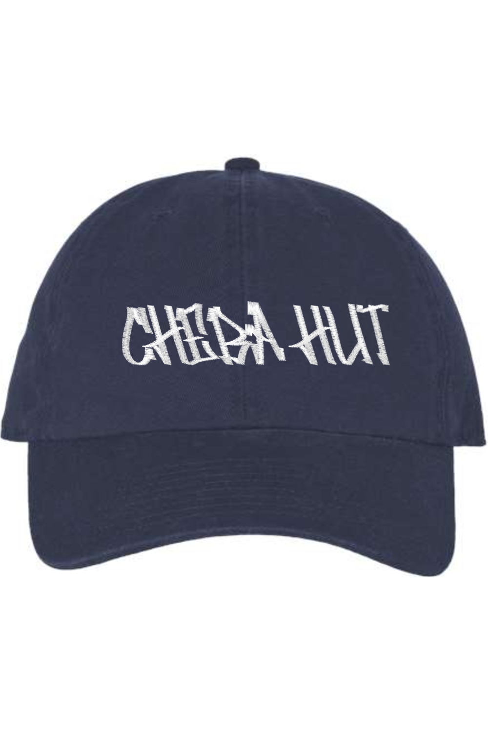 A dark navy baseball cap with a curved brim. The front of the cap features the white stylized text 'CHEBA HUT' embroidered across the center. The cap has a visible button on the top and an adjustable strap in the back (not visible).