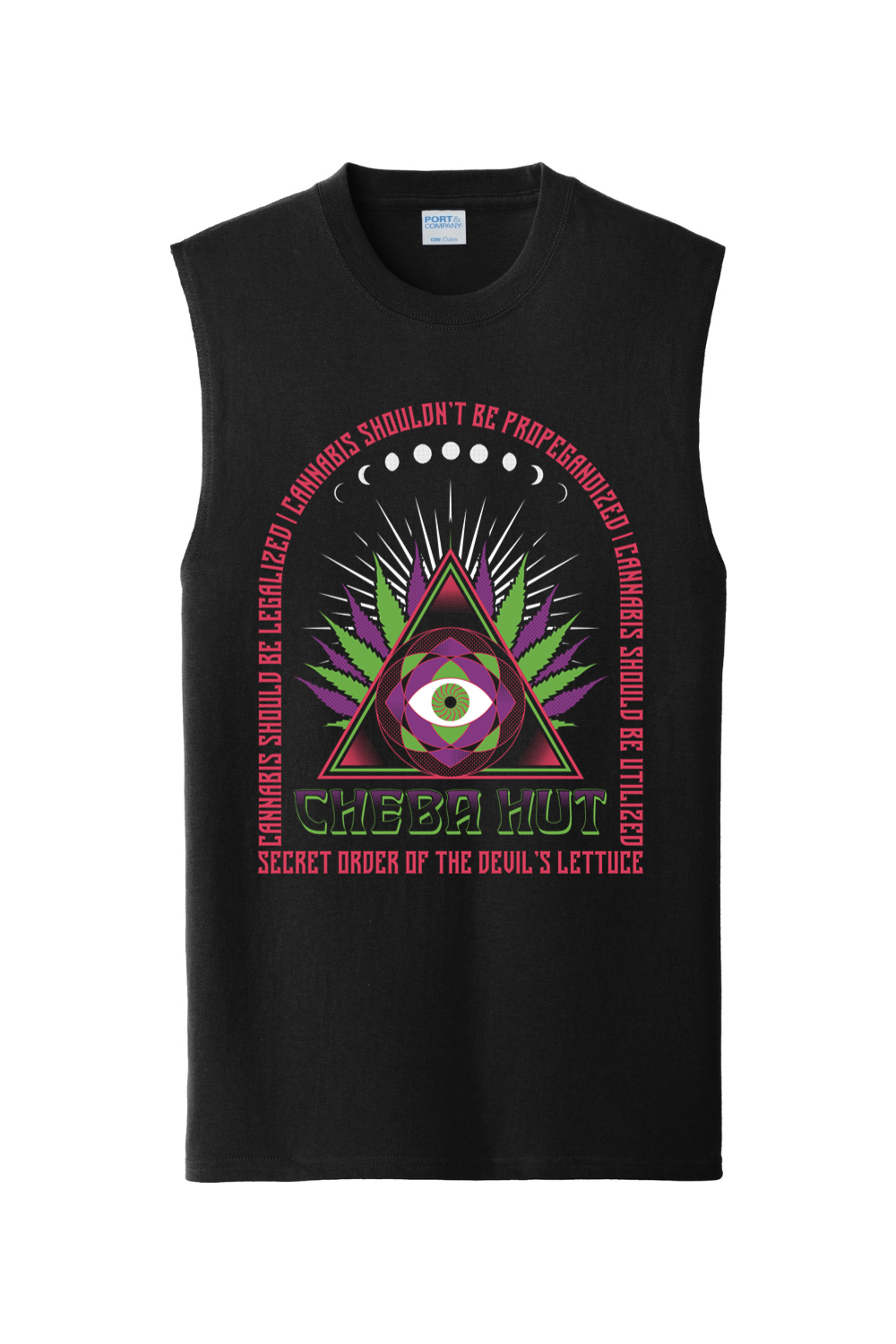 Black sleeveless shirt with a graphic design featuring Cheba Hut and a triangle with an eye symbol on a white background.