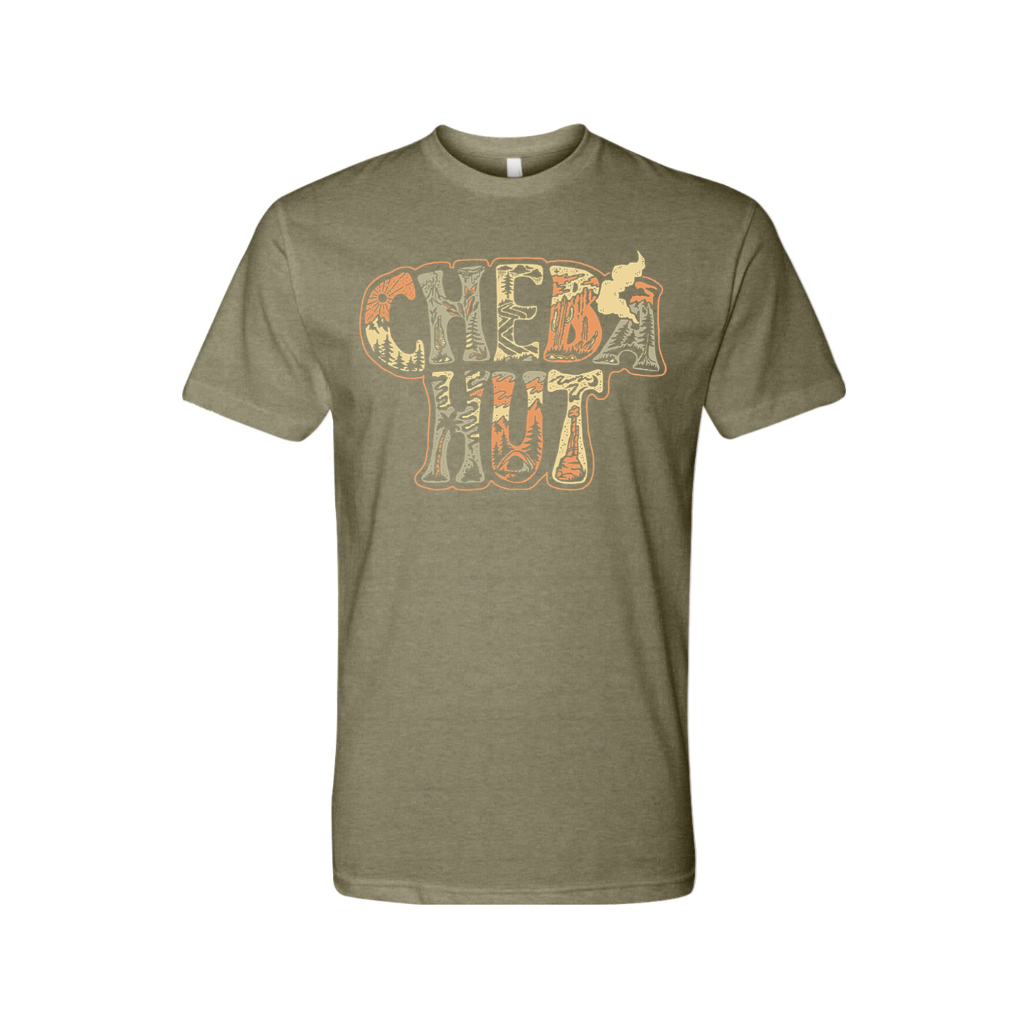 An olive heathered crew-neck t-shirt is displayed on a white background. The shirt has a large graphic on the chest that reads 'CHEBA HUT' stacked in two lines. The letters have a textured, almost patterned fill in muted shades of orange, brown, and cream. Within the letters, small illustrations such as mountains, trees, and abstract shapes are subtly incorporated into the design.