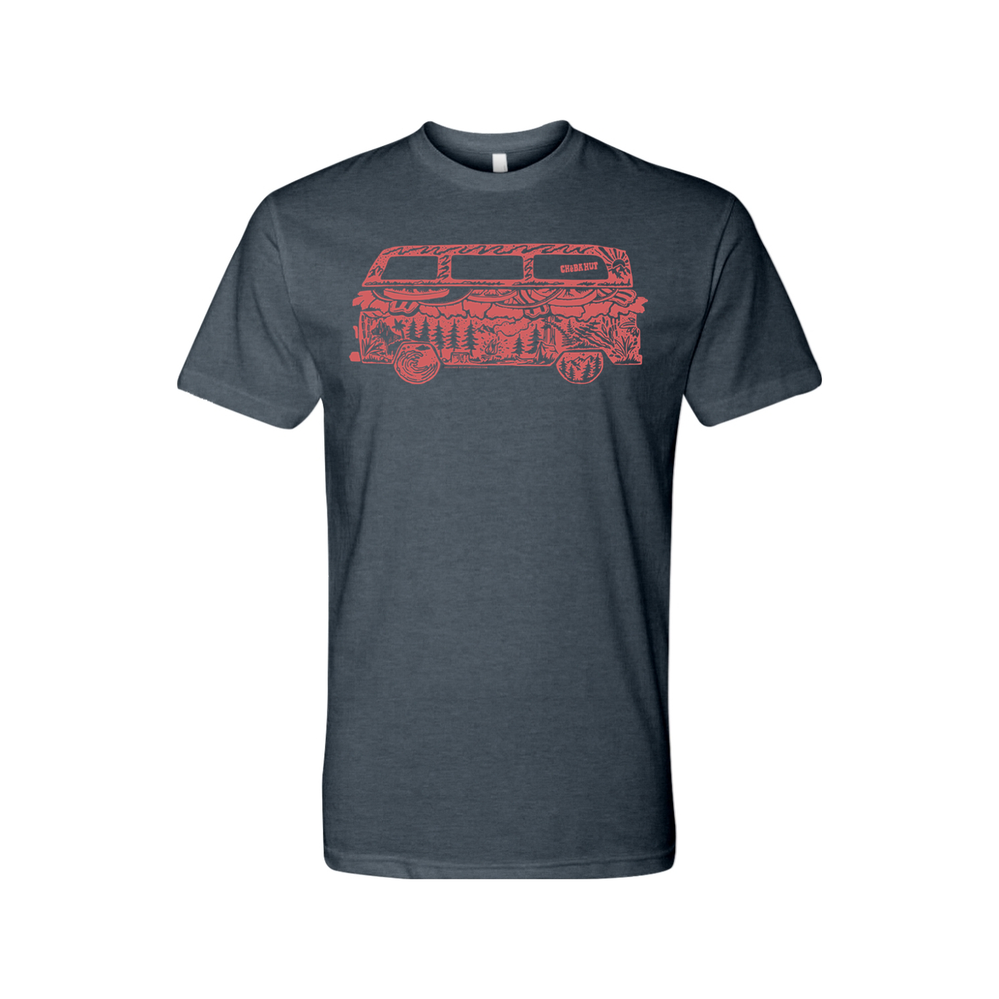 A Midnight Navy crew-neck t-shirt is displayed on a white background. The shirt has a red line-art graphic on the chest depicting the side profile of a vintage van. Within the outline of the van, various scenes and objects are illustrated, including trees, mountains, a sandwich, a slice of pizza, and other food and outdoor-related imagery. The word 'GRUBBERY' is visible along the top of the van.