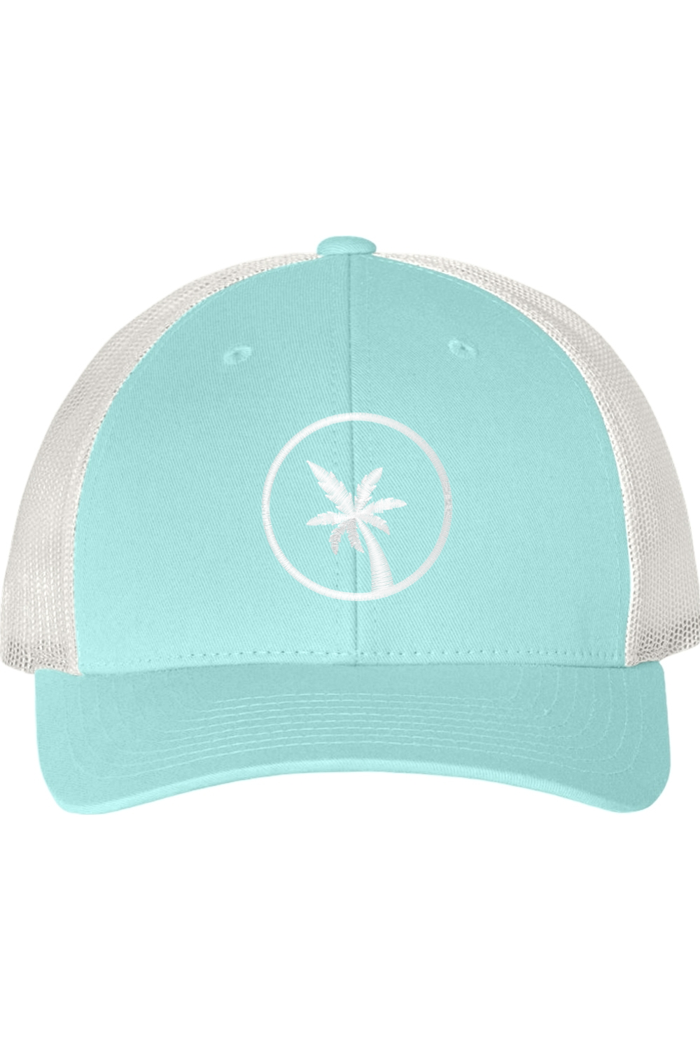 Light blue cap with white palm tree design on a white background