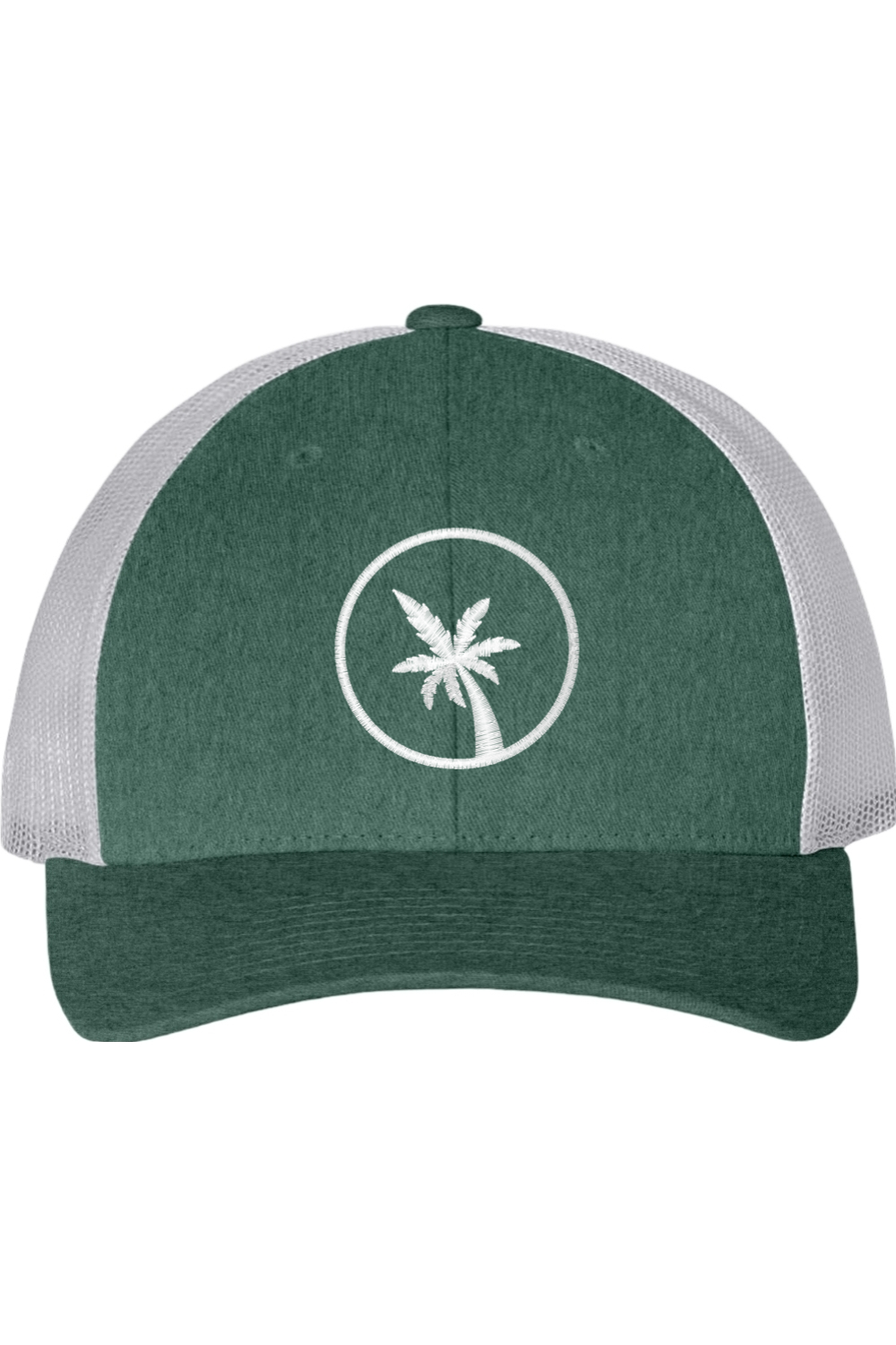 Green and gray cap with a palm tree design on a white background
