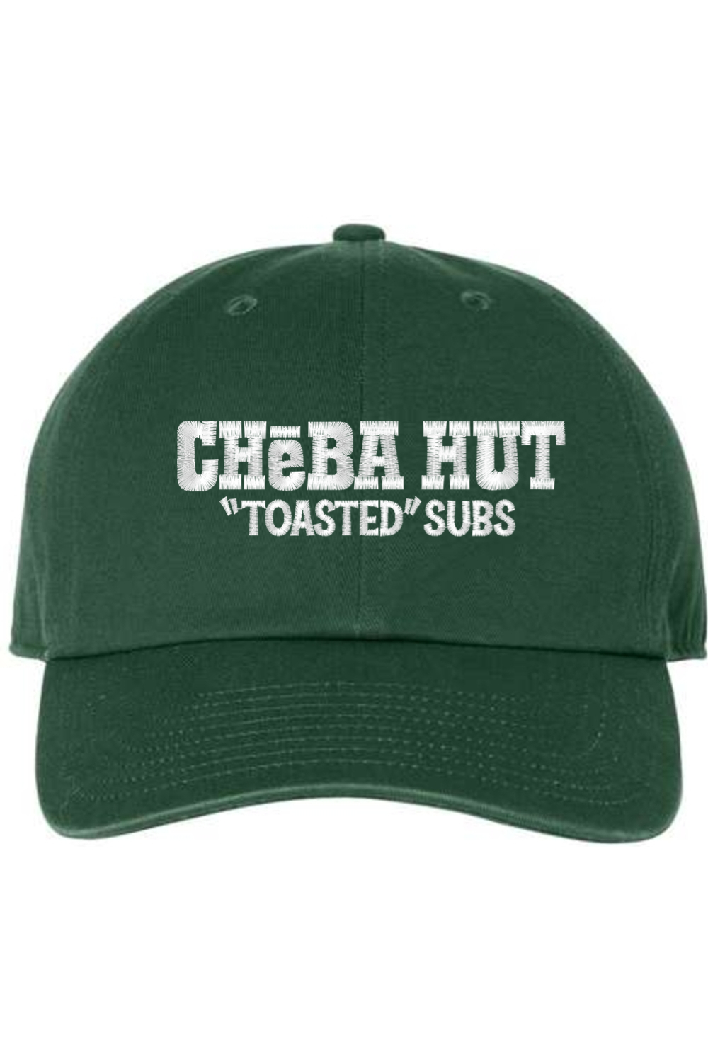 A green baseball cap with a curved brim. The front of the cap features the white stylized text 'CHEBA HUT "TOASTED" SUBS' embroidered across the center. The cap has a visible button on the top and an adjustable strap in the back (not visible).