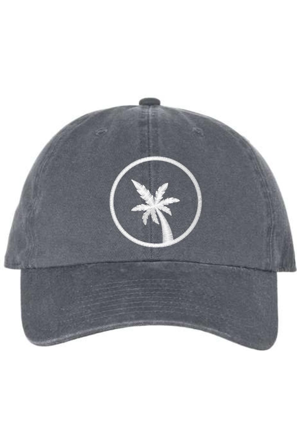 A charcoal baseball cap with a curved brim. The front of the hat features an embroidered seven frond Palm Tree in white thread. The cap has a visible button on the top and an adjustable strap in the back (not visible).