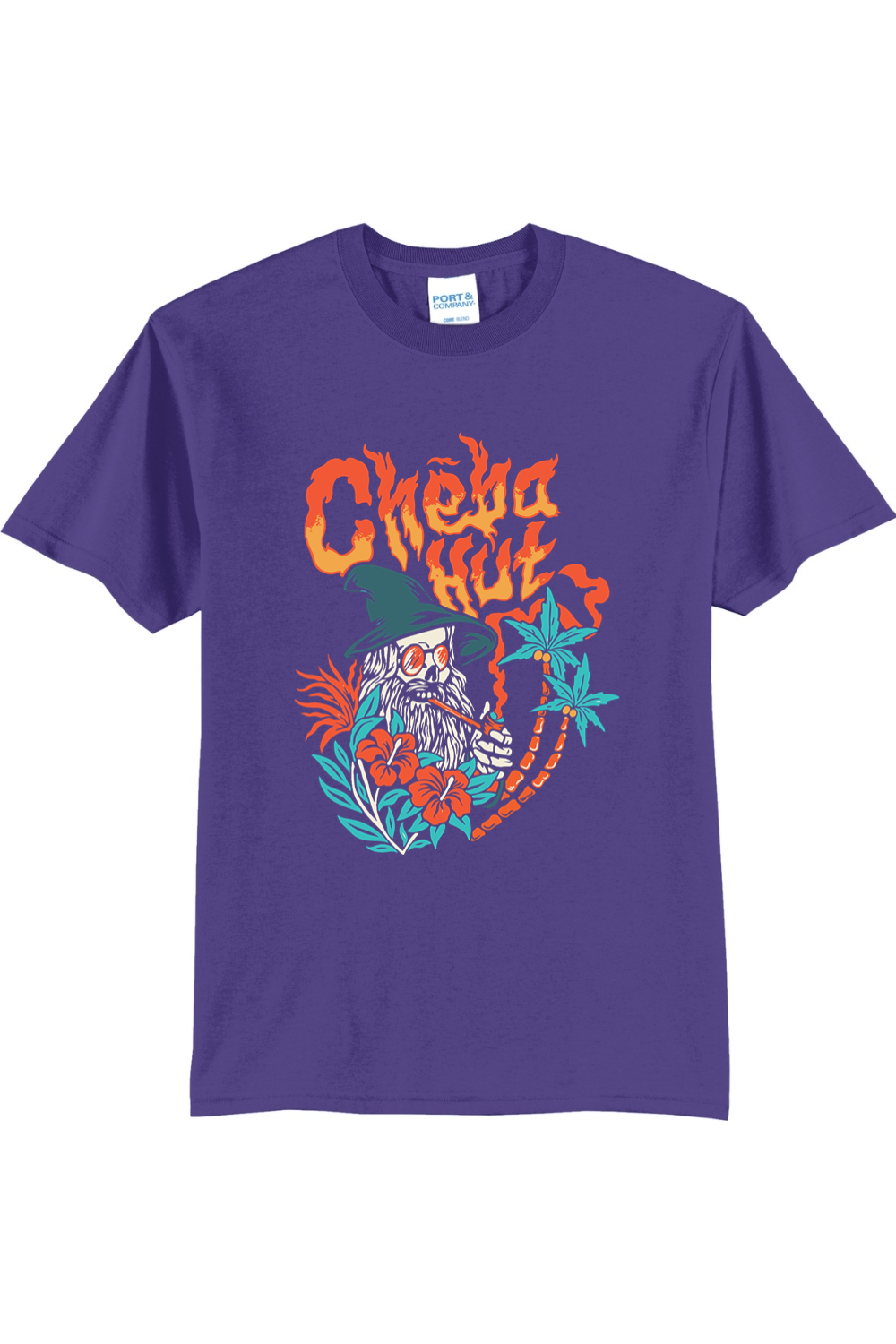 A purple short-sleeved t-shirt featuring a colorful graphic on the back depicting a wizard-like figure with a long white beard, a pointed hat, sunglasses, and a pipe, surrounded by flames, hibiscus flowers, and palm trees, with the 'Cheba Hut' logo above.