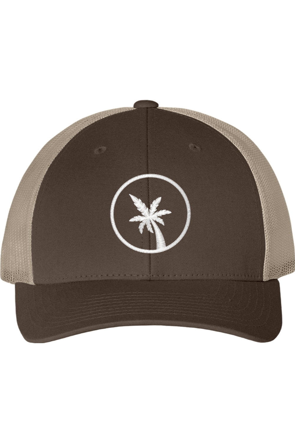 Brown and beige cap with a palm tree logo on a white background
