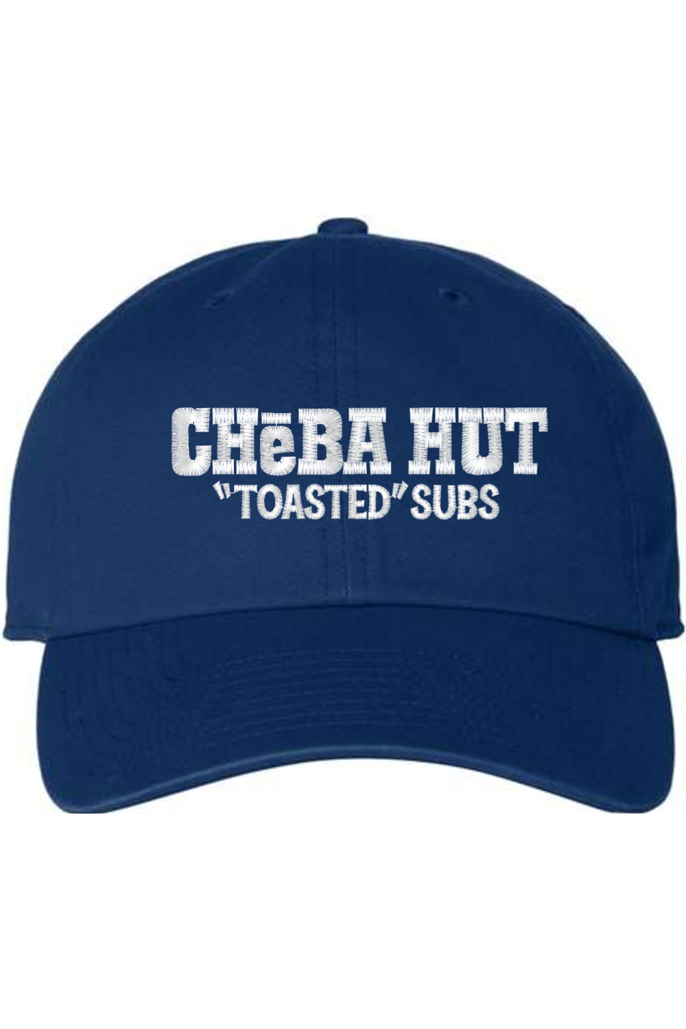 A royal blue baseball cap with a curved brim. The front of the cap features the white stylized text 'CHEBA HUT "TOASTED" SUBS' embroidered across the center. The cap has a visible button on the top and an adjustable strap in the back (not visible).
