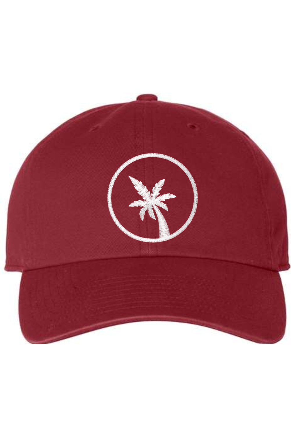A cardinal red baseball cap with a curved brim. The front of the hat features an embroidered seven frond Palm Tree in white thread. The cap has a visible button on the top and an adjustable strap in the back (not visible).