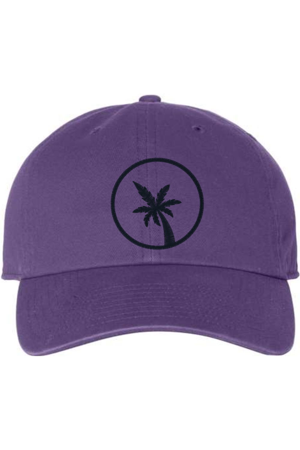 A purple baseball cap with a curved brim. The front of the hat features an embroidered seven frond Palm Tree in black thread. The cap has a visible button on the top and an adjustable strap in the back (not visible).