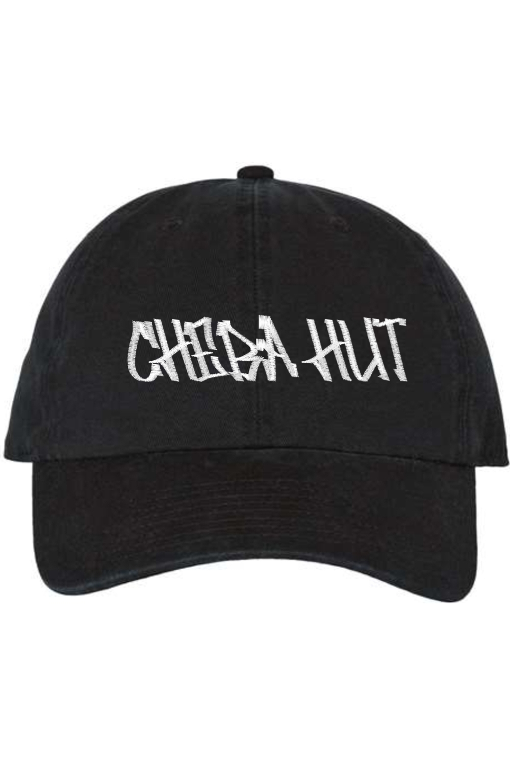 A black baseball cap with a curved brim. The front of the cap features the white stylized text 'CHEBA HUT' embroidered across the center. The cap has a visible button on the top and an adjustable strap in the back (not visible).