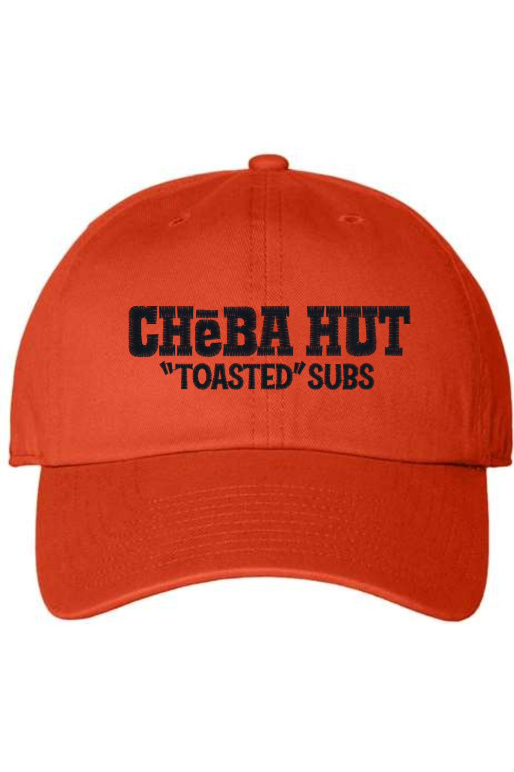 An orange baseball cap with a curved brim. The front of the cap features the black stylized text 'CHEBA HUT "TOASTED" SUBS' embroidered across the center. The cap has a visible button on the top and an adjustable strap in the back (not visible).