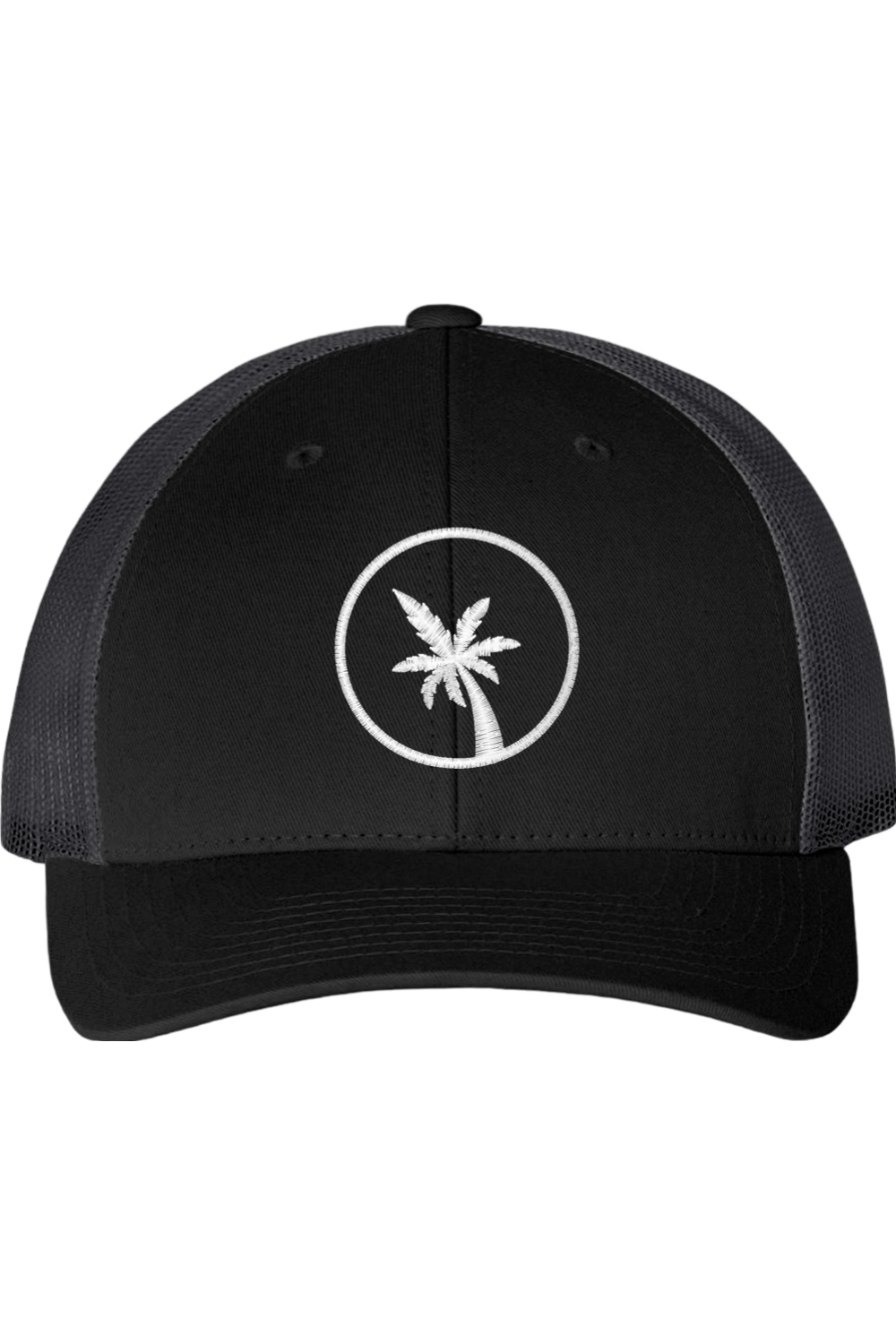 Black cap with a white palm tree design on a white background
