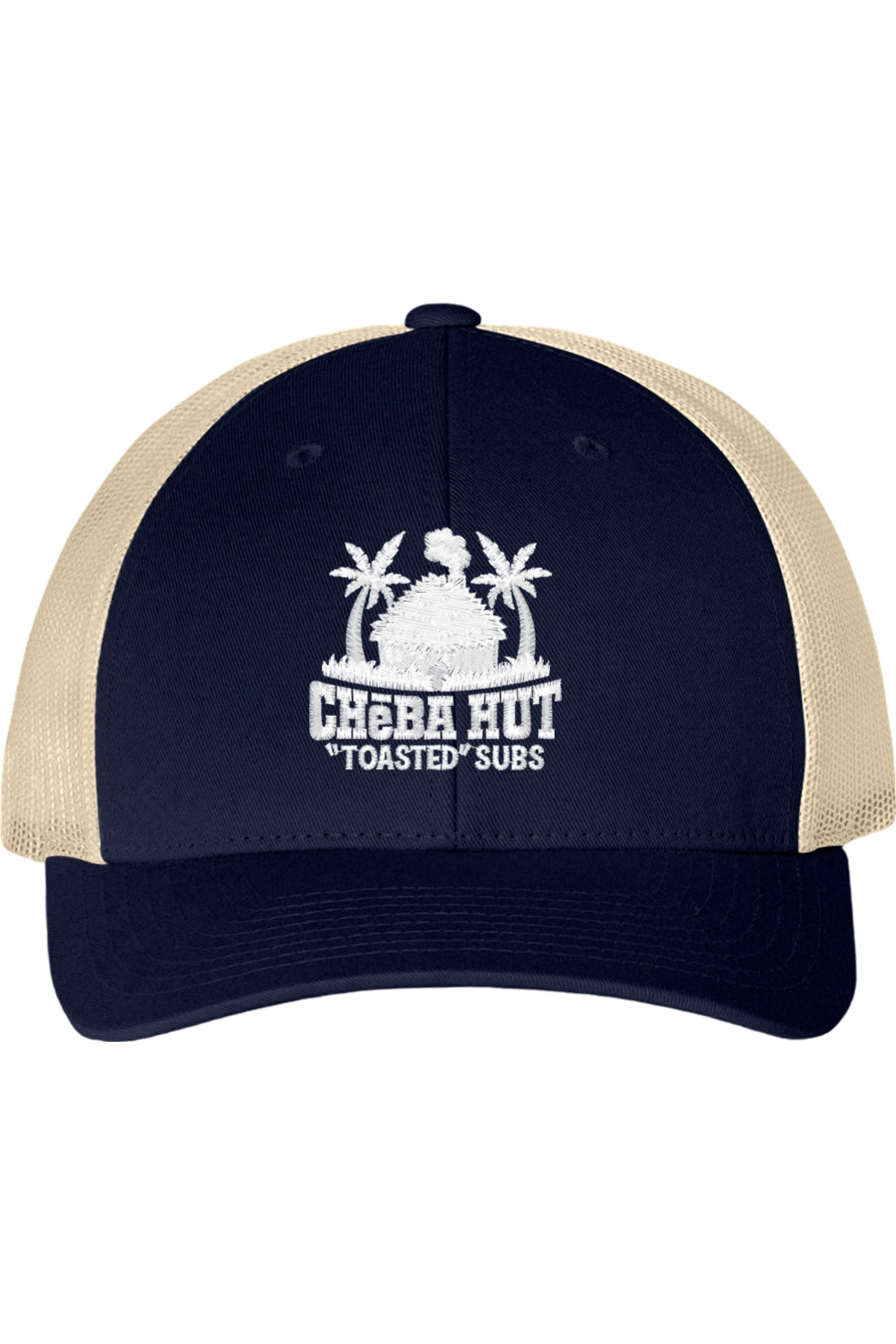 Navy and beige cap with 'Cheba Hut Toasted Subs' logo on a white background
