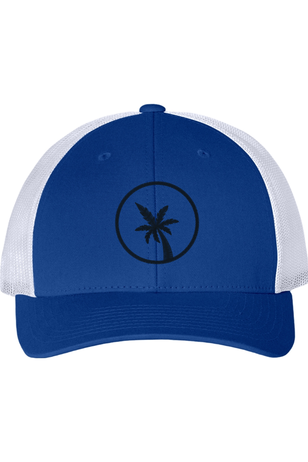 Blue and white cap with a palm tree design on a white background