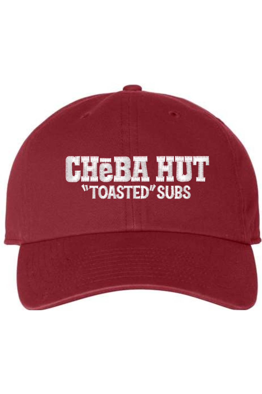 A cardinal red baseball cap with a curved brim. The front of the cap features the white stylized text 'CHEBA HUT "TOASTED" SUBS' embroidered across the center. The cap has a visible button on the top and an adjustable strap in the back (not visible).