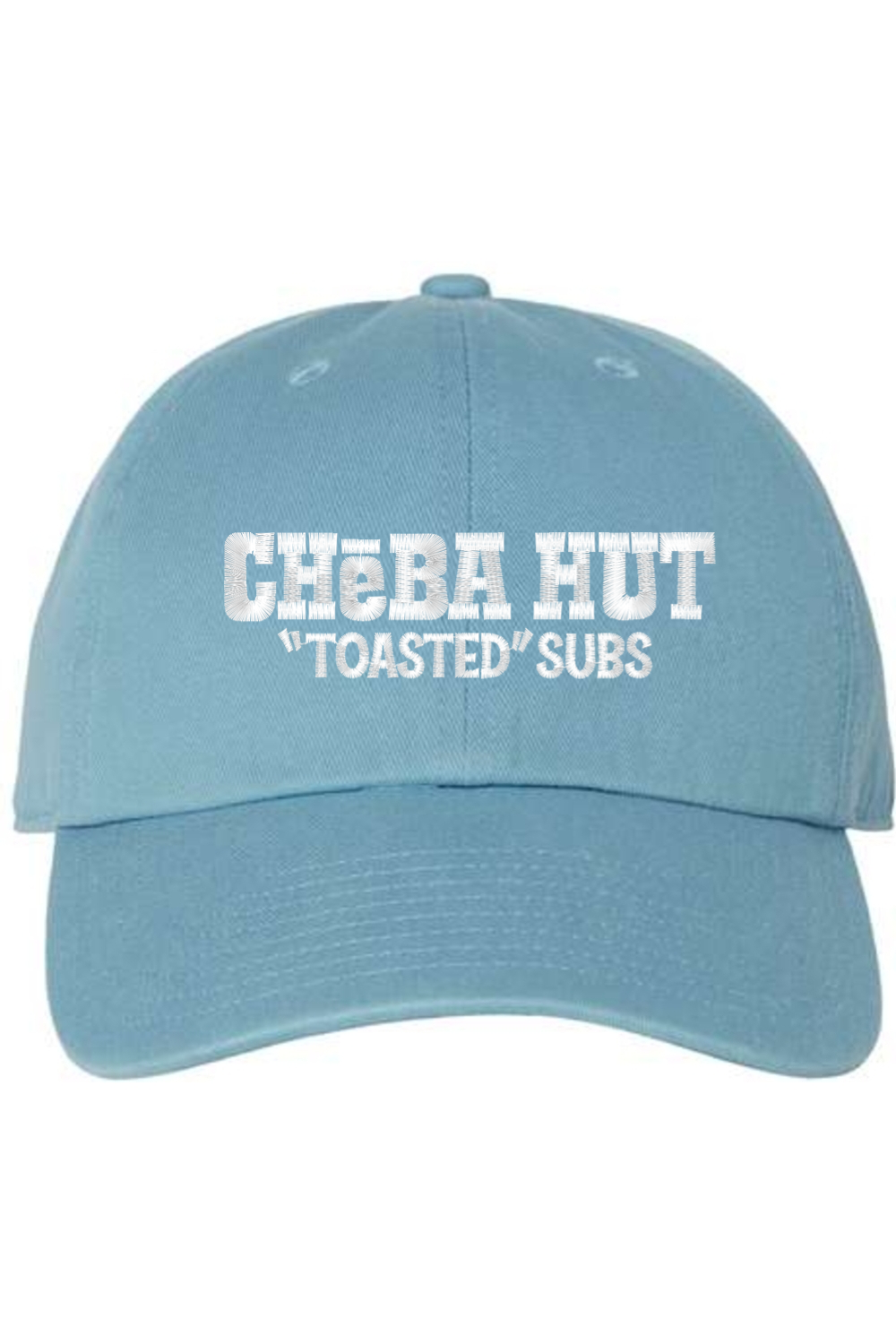 A blue baseball cap with a curved brim. The front of the cap features the white stylized text 'CHEBA HUT "TOASTED" SUBS' embroidered across the center. The cap has a visible button on the top and an adjustable strap in the back (not visible).