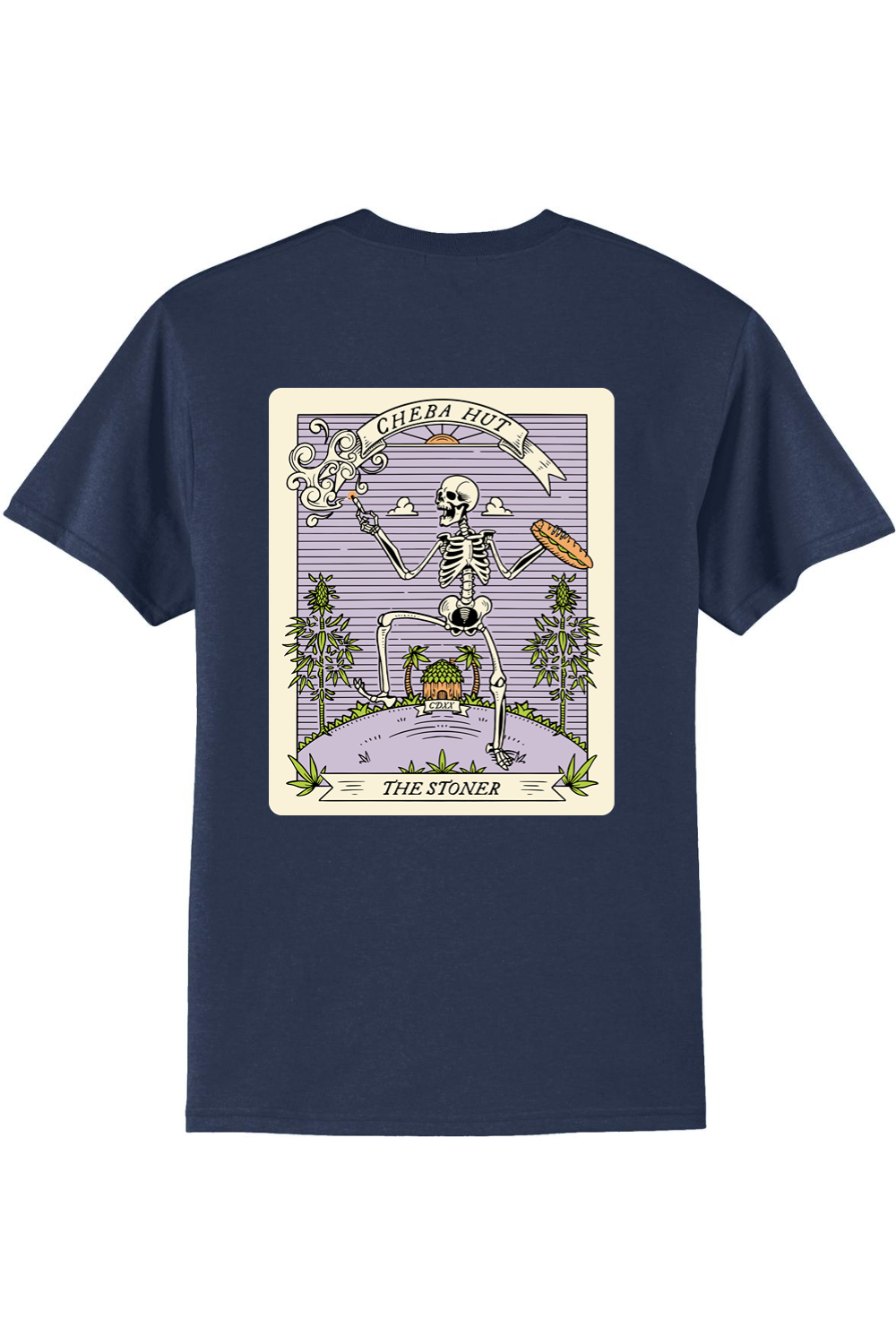 A navy short-sleeved t-shirt featuring a rectangular graphic on the back depicting a skeleton holding a smoking item and a sandwich, with 'CHEBA HUT' and 'THE STONER' text.