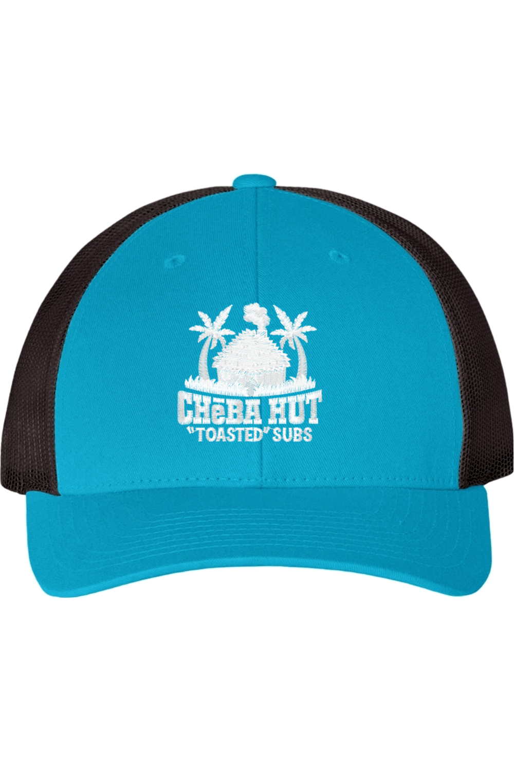 Blue and black cap with 'Cheba Hut Toasted Subs' logo on a white background